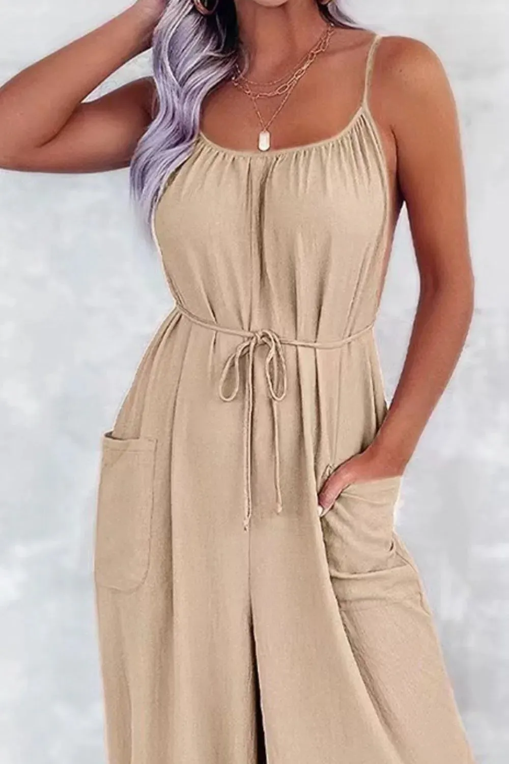 Casual Spaghetti Strap Wide Leg Jumpsuit with Pockets sold by Charming Charlie product image thumbnail 3