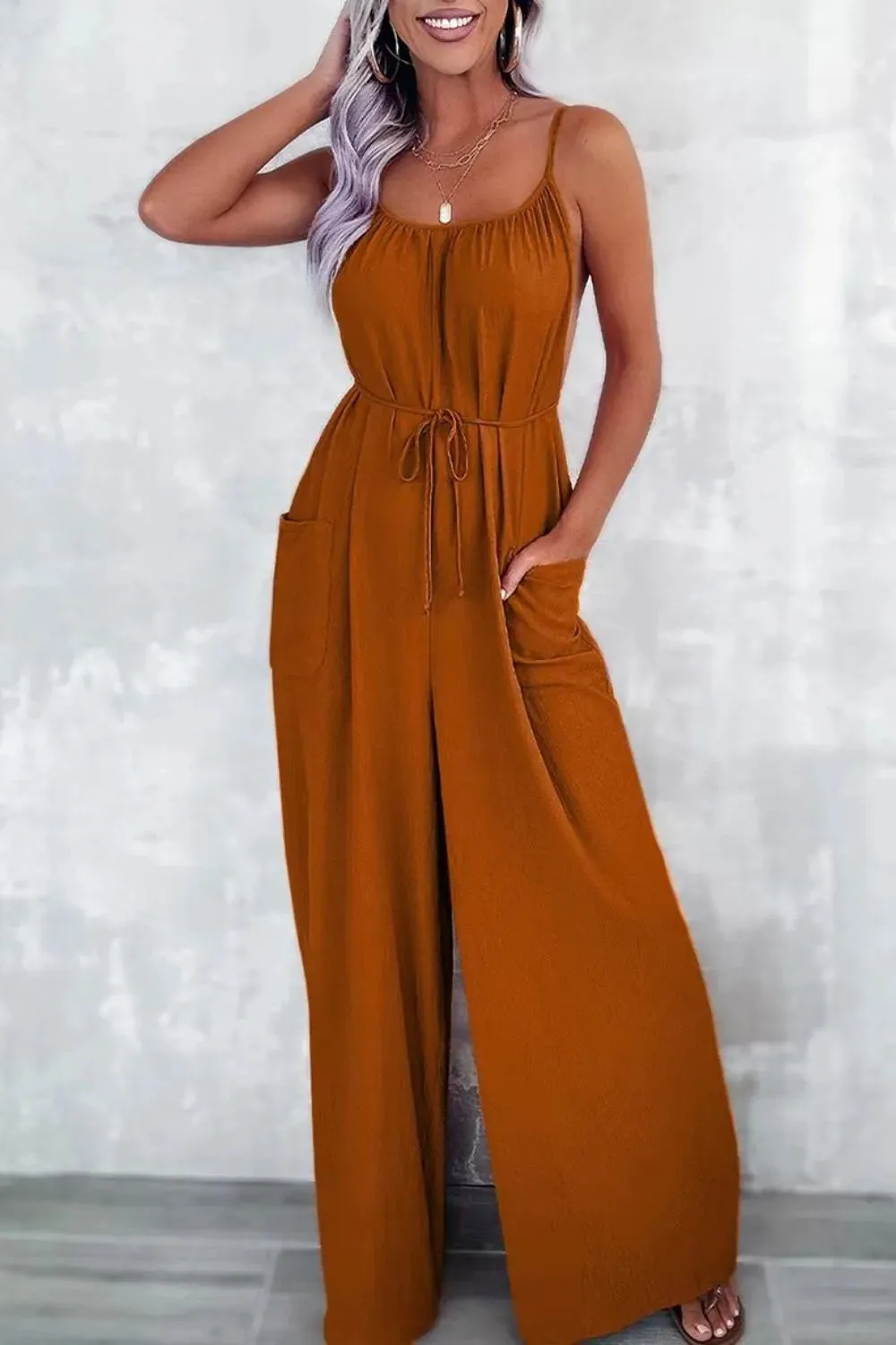 Casual Spaghetti Strap Wide Leg Jumpsuit with Pockets sold by Charming Charlie product image thumbnail 4