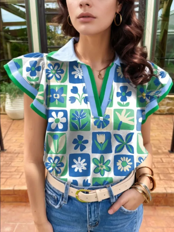 Floral Print Collared Blouse with Flutter Sleeves sold by Charming Charlie