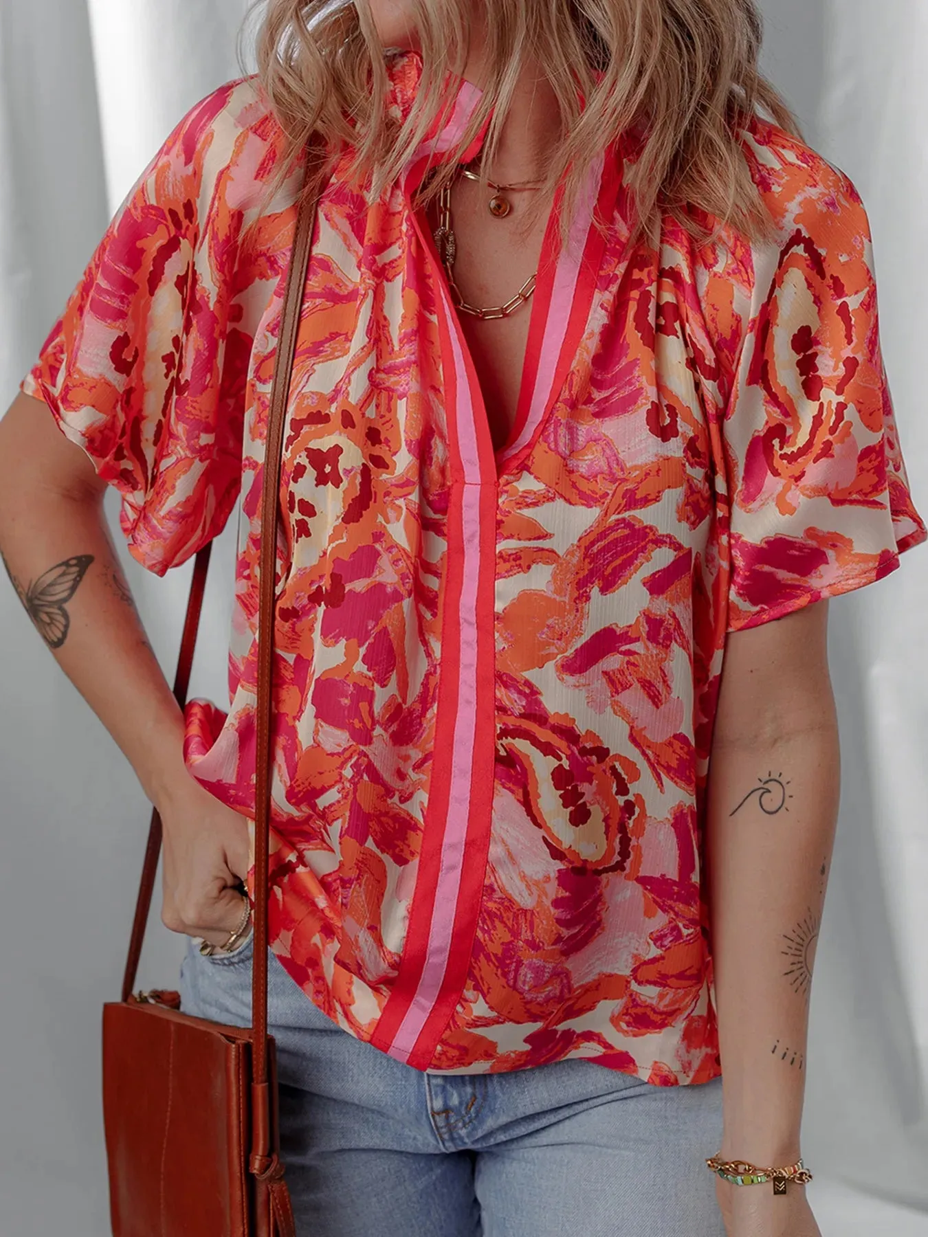 Abstract Print Striped Trim Split Neck Blouse sold by Charming Charlie product image thumbnail 4