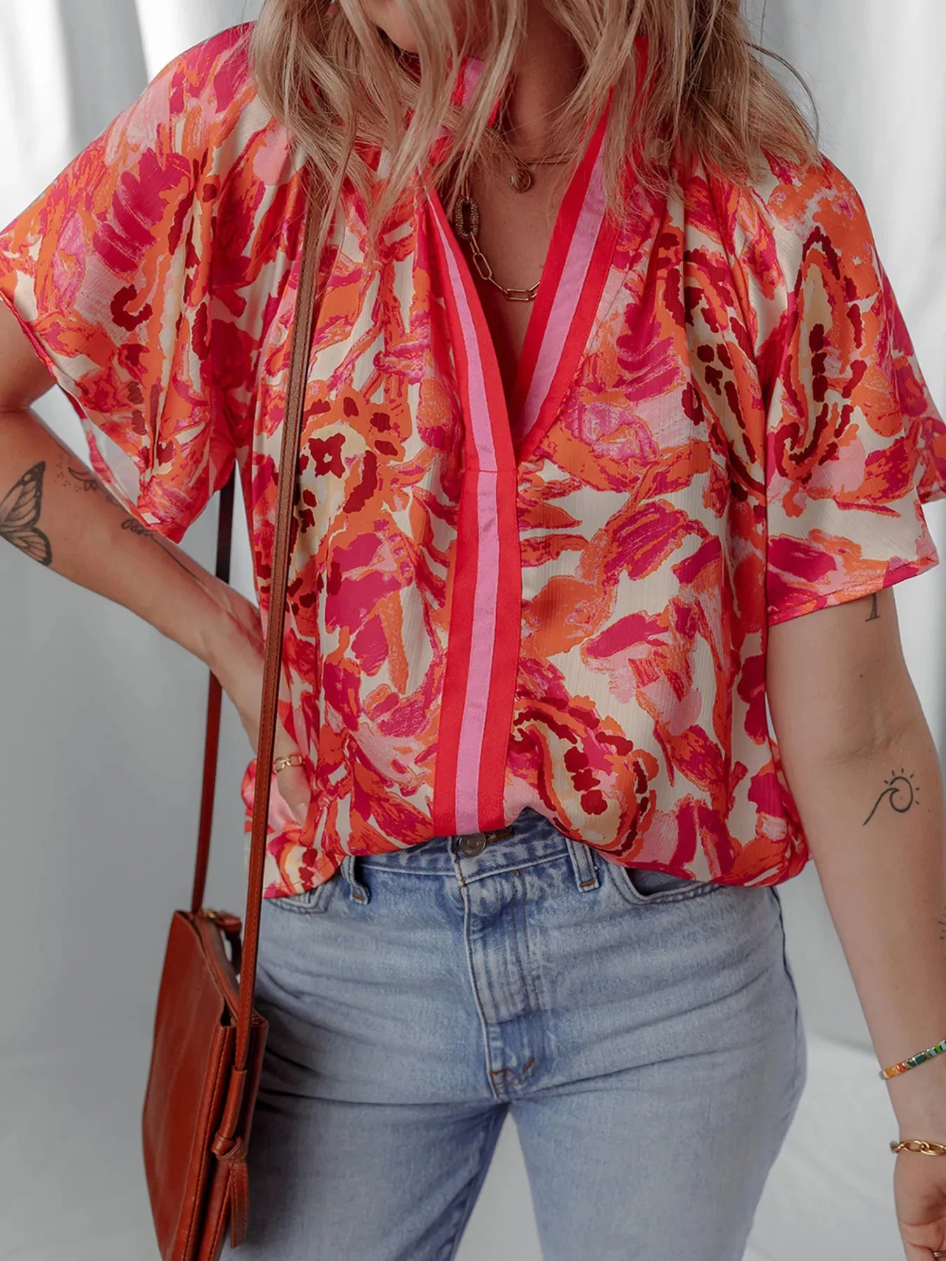 Abstract Print Striped Trim Split Neck Blouse sold by Charming Charlie product image thumbnail 3