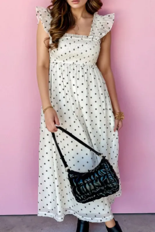 Polka Dot Ruffle Sleeve Smocked Midi Dress sold by Charming Charlie