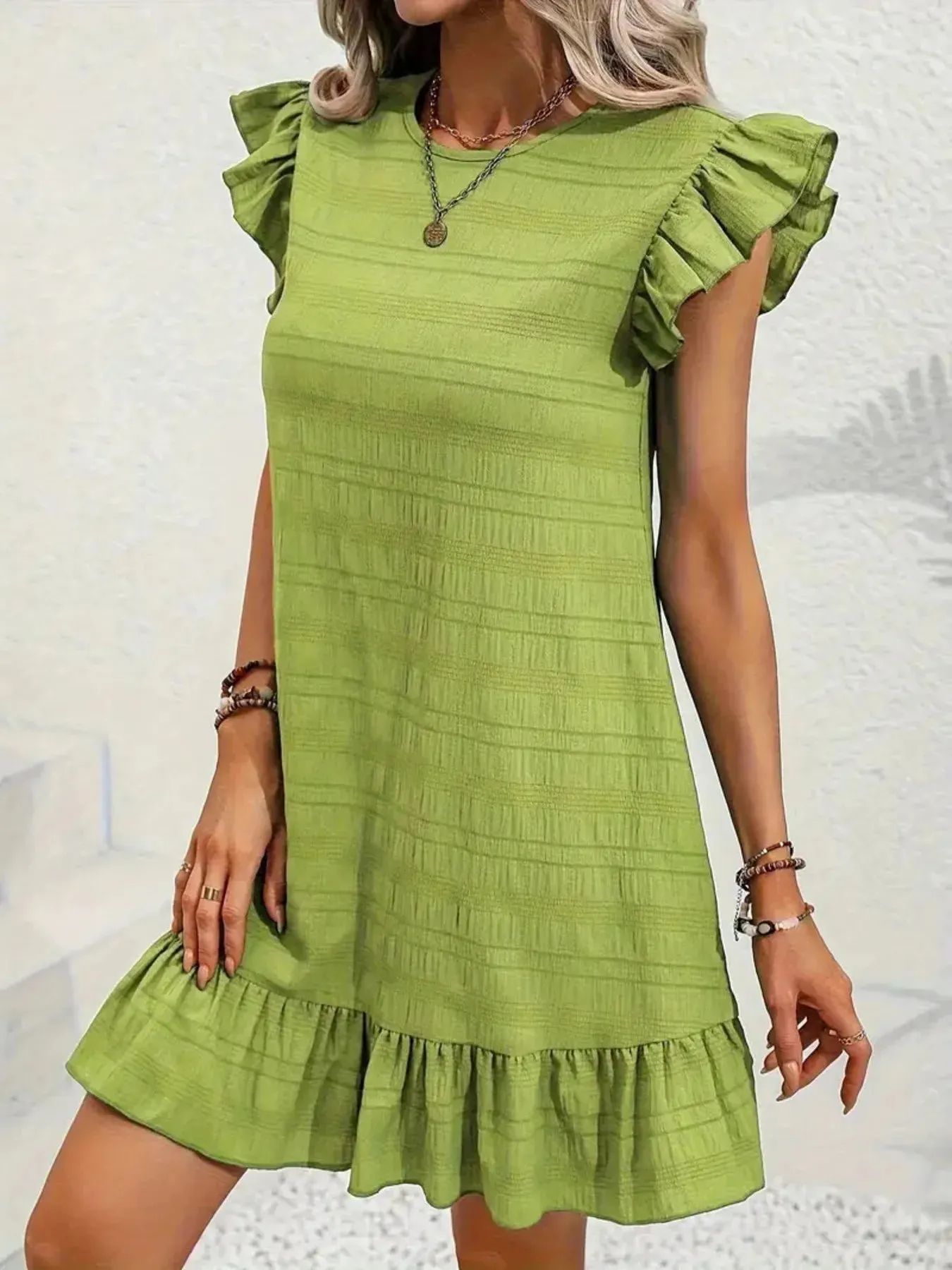 Full Size Ruffled Flutter Sleeve Textured Mini Dress Plus Size sold by Charming Charlie product image thumbnail 4