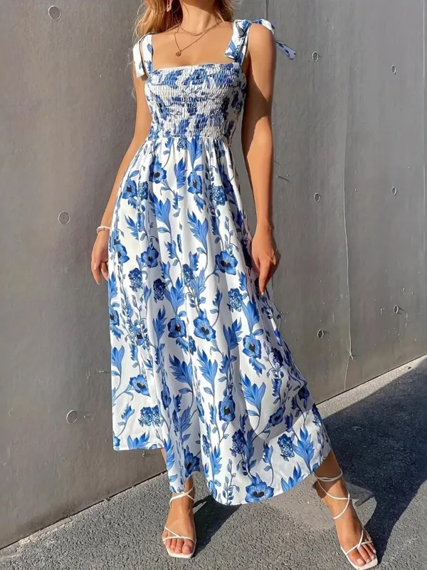 Floral Smocked Midi Dress with Tie Shoulders sold by Charming Charlie