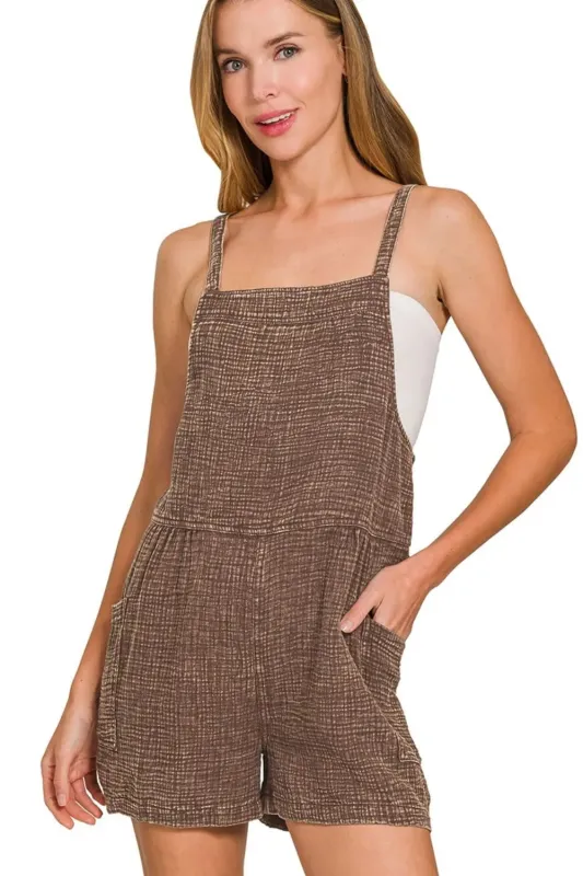 Zenana Washed Double Gauze Tie Back Rompers sold by Charming Charlie