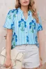 Stripe Floral Notched Neck Puff Sleeve Summer Blouse sold by Charming Charlie