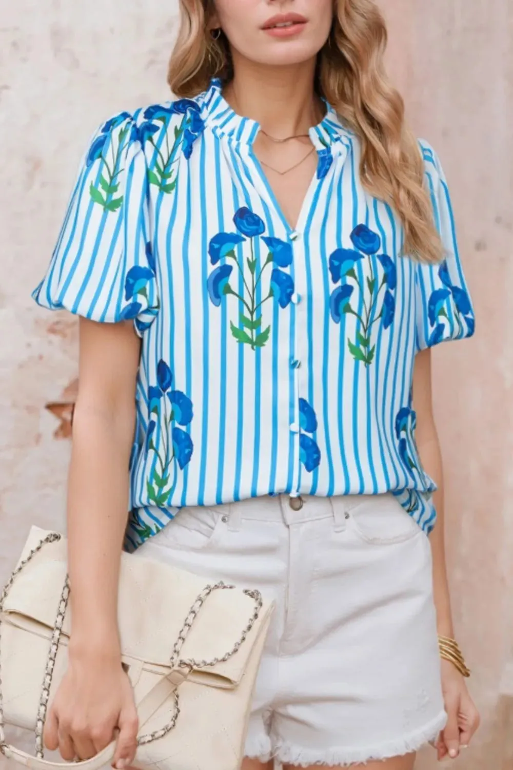 Stripe Floral Notched Neck Puff Sleeve Summer Blouse sold by Charming Charlie product image thumbnail 2