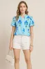 Stripe Floral Notched Neck Puff Sleeve Summer Blouse sold by Charming Charlie