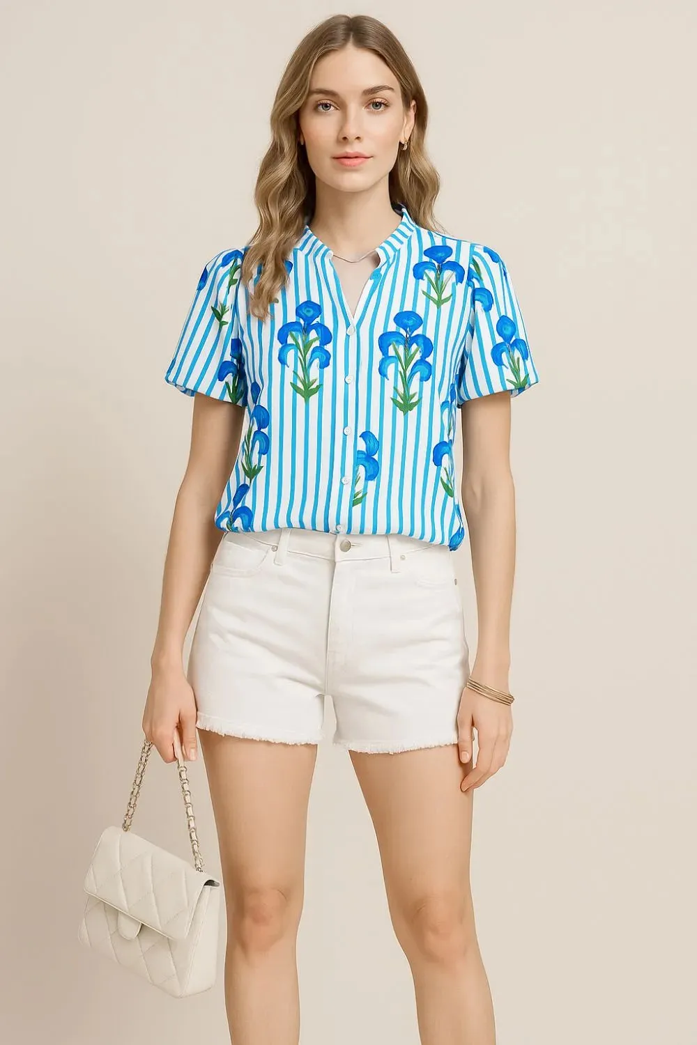 Stripe Floral Notched Neck Puff Sleeve Summer Blouse sold by Charming Charlie