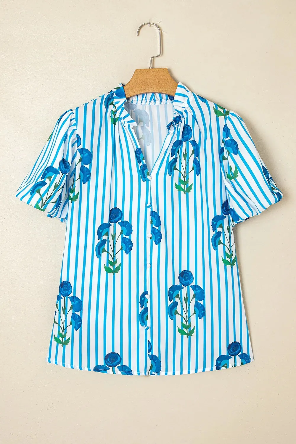 Stripe Floral Notched Neck Puff Sleeve Summer Blouse sold by Charming Charlie product image thumbnail 5