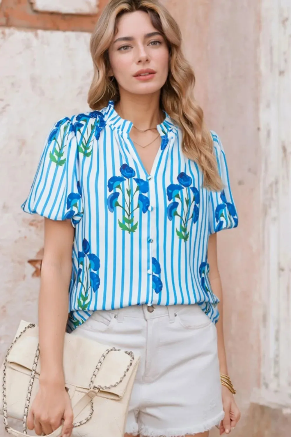 Stripe Floral Notched Neck Puff Sleeve Summer Blouse sold by Charming Charlie product image thumbnail 3
