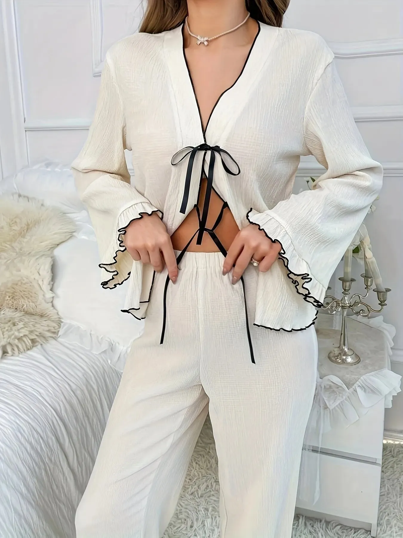 Contrast Trim Bow Tie Shirt and Pants Lounge Set sold by Charming Charlie product image thumbnail 2