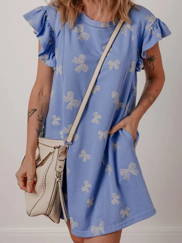 Bow Knot Print Crewneck Ruffled Sleeve Shift Mini Dress sold by Charming Charlie