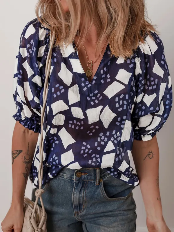 Abstract Print Frilled Puff Sleeve V Neck Blouse sold by Charming Charlie