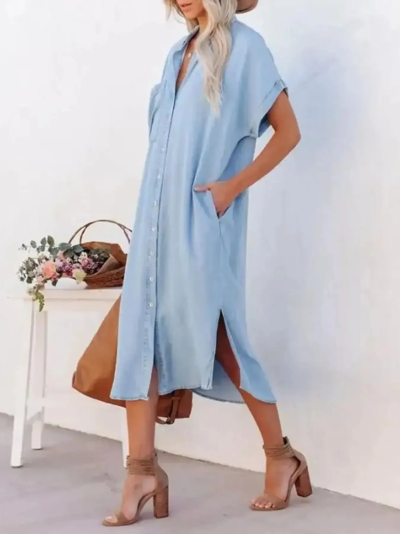 Button Down Denim Midi Shirt Dress sold by Charming Charlie product image thumbnail 4