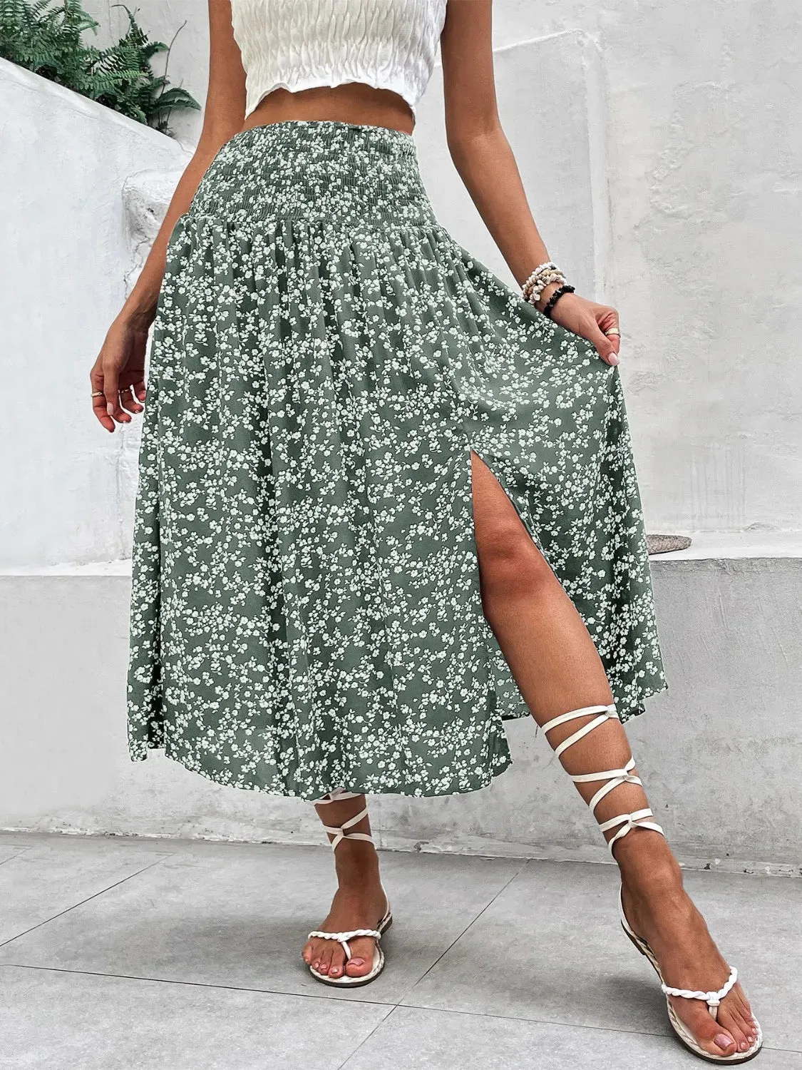 Slit Smocked Printed Skirt sold by Charming Charlie