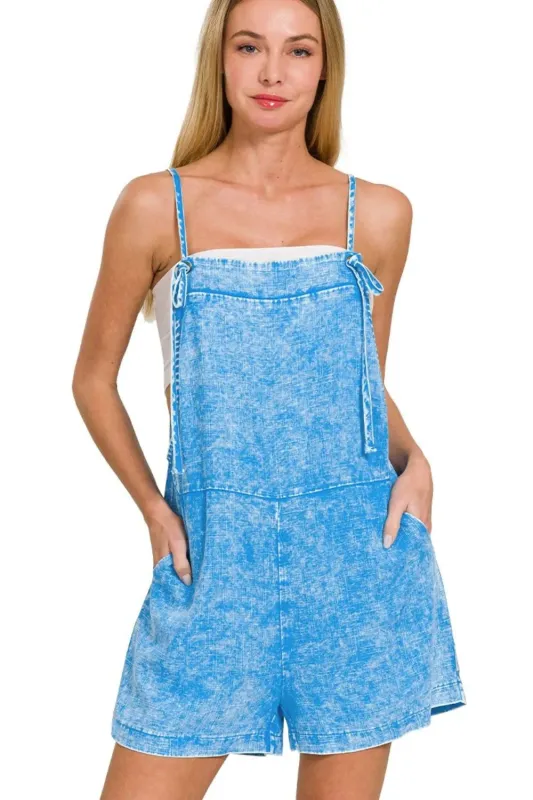 Zenana Washed Linen Knot Strap Rompers sold by Charming Charlie