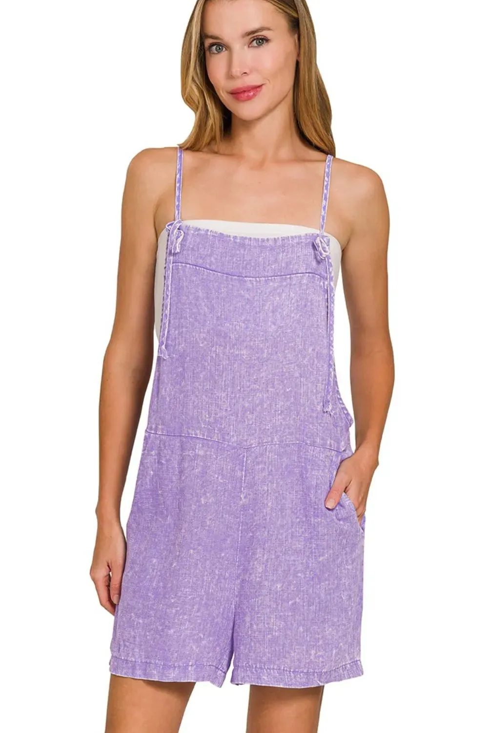 Zenana Washed Linen Knot Strap Rompers sold by Charming Charlie