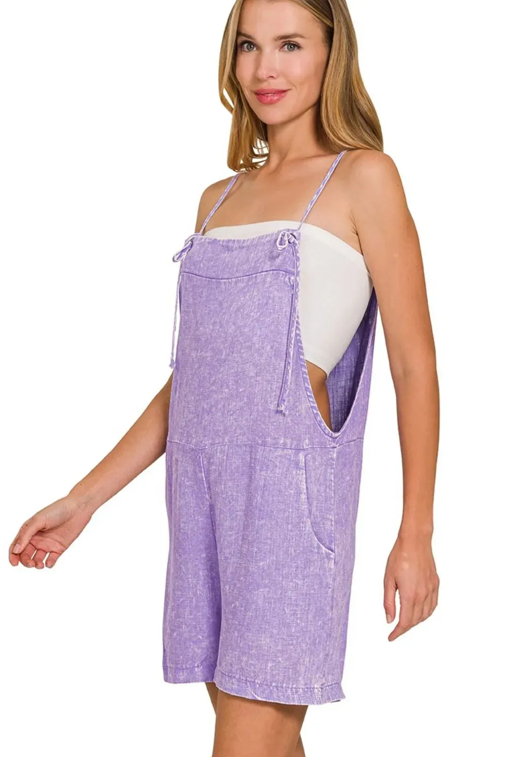 Zenana Washed Linen Knot Strap Rompers sold by Charming Charlie product image thumbnail 2