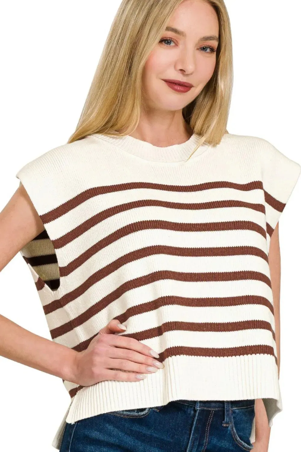 Zenana Oversized Crew Neck Stripe Sweater Vest sold by Charming Charlie