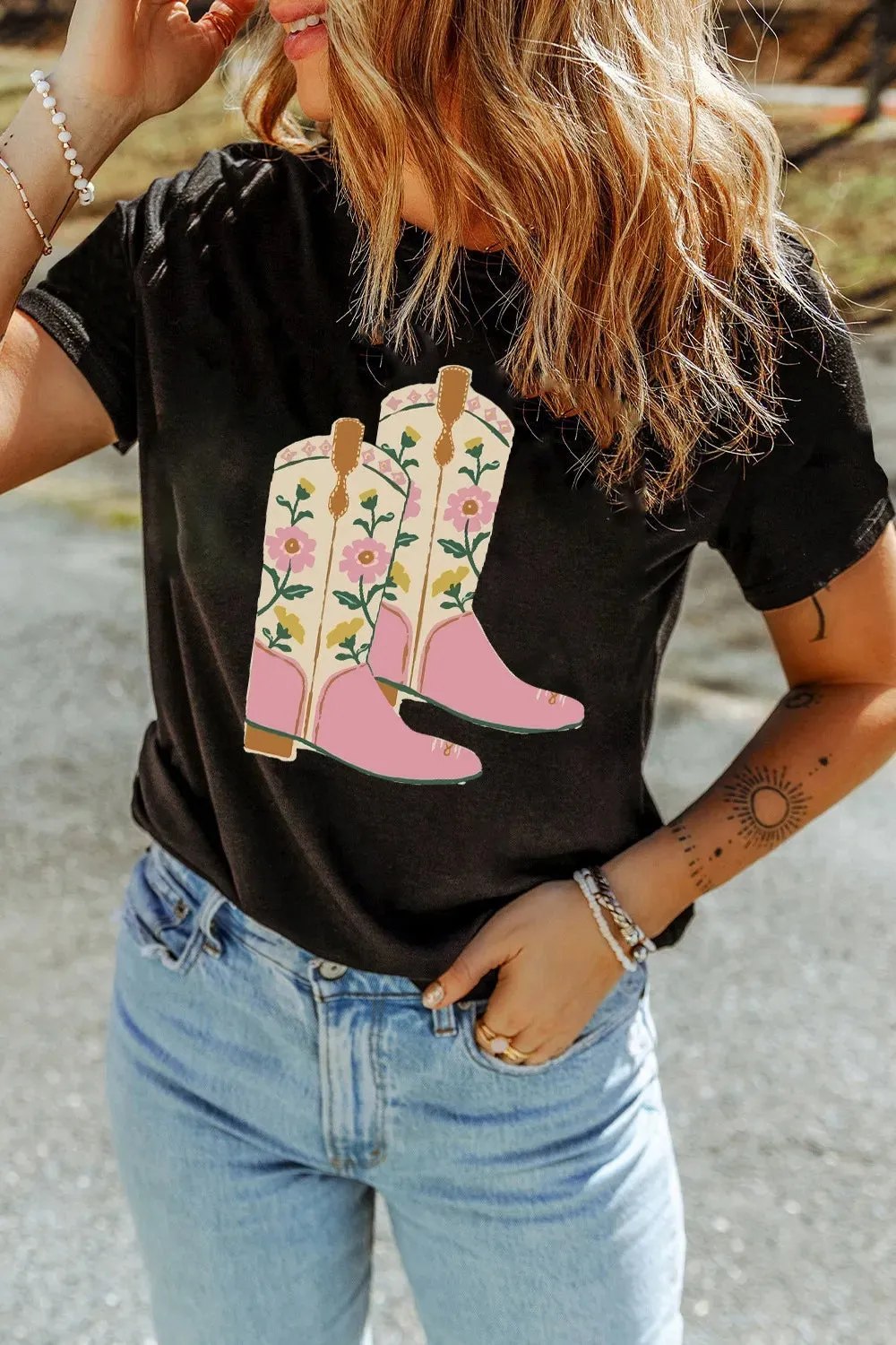 Floral Cowgirl Boots Graphic T-Shirt sold by Charming Charlie