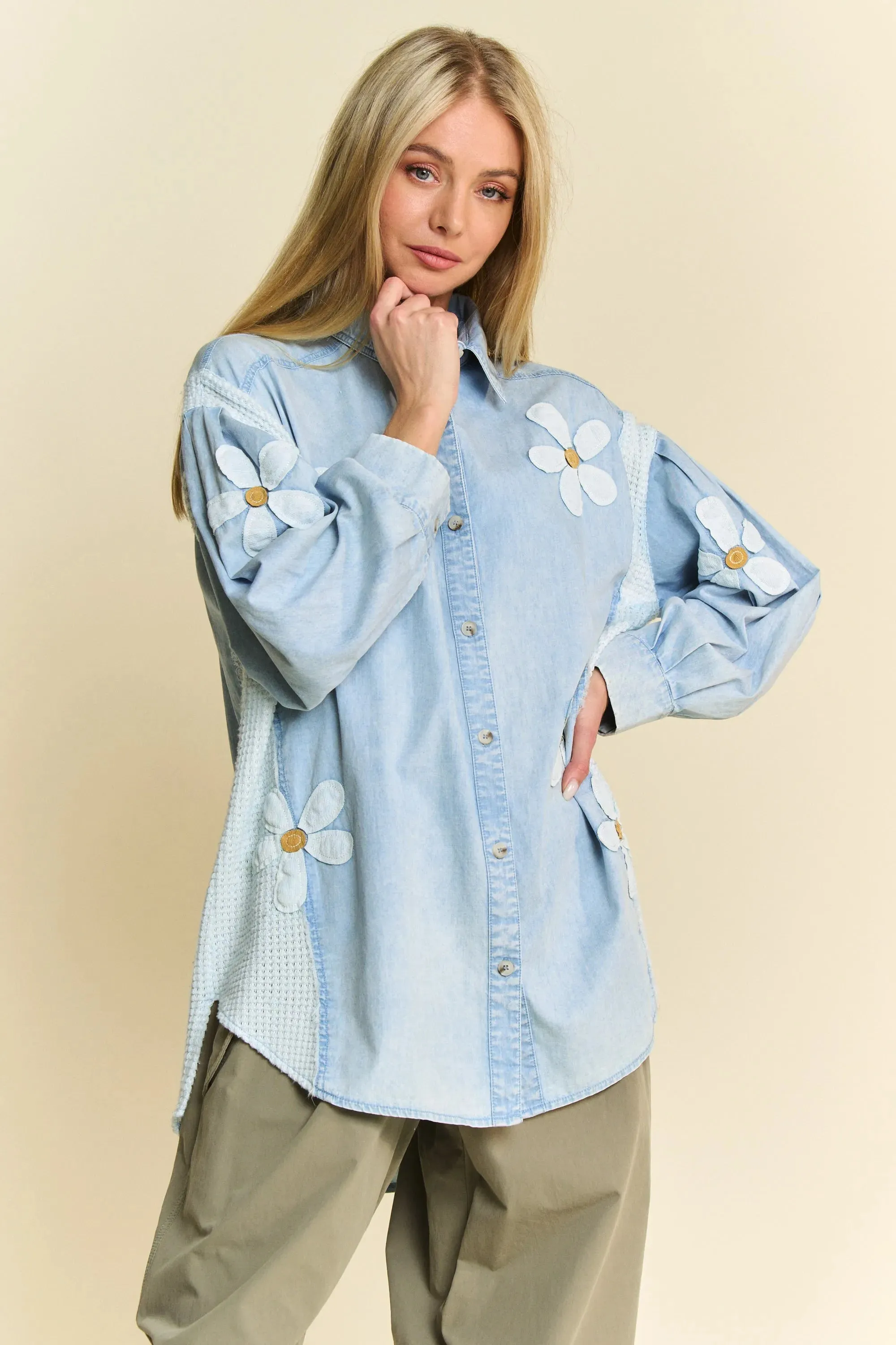 Davi & Dani Lightweight Washed Daisy Patch Waffle Knit Shirt sold by Charming Charlie
