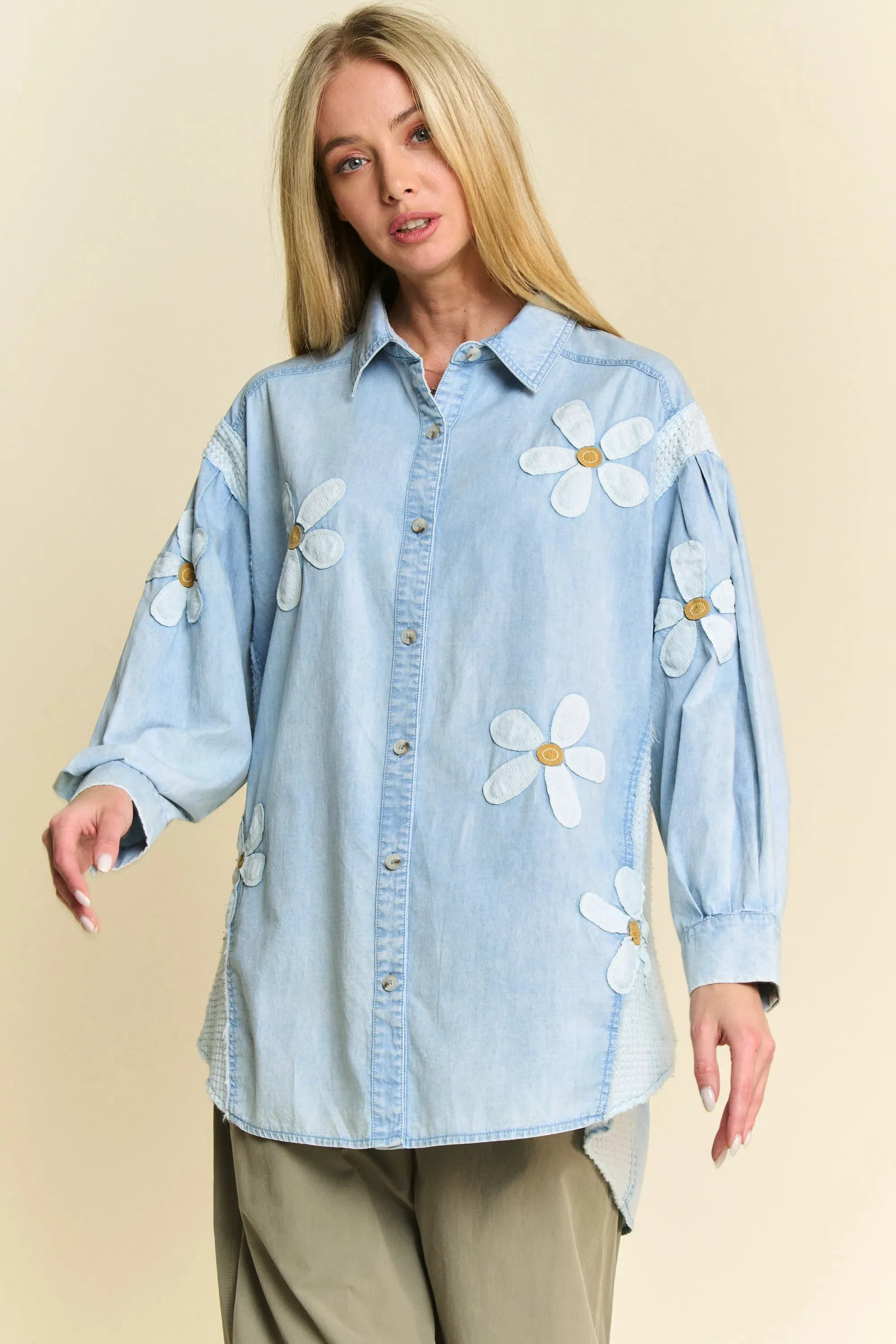 Davi & Dani Lightweight Washed Daisy Patch Waffle Knit Shirt sold by Charming Charlie product image thumbnail 4
