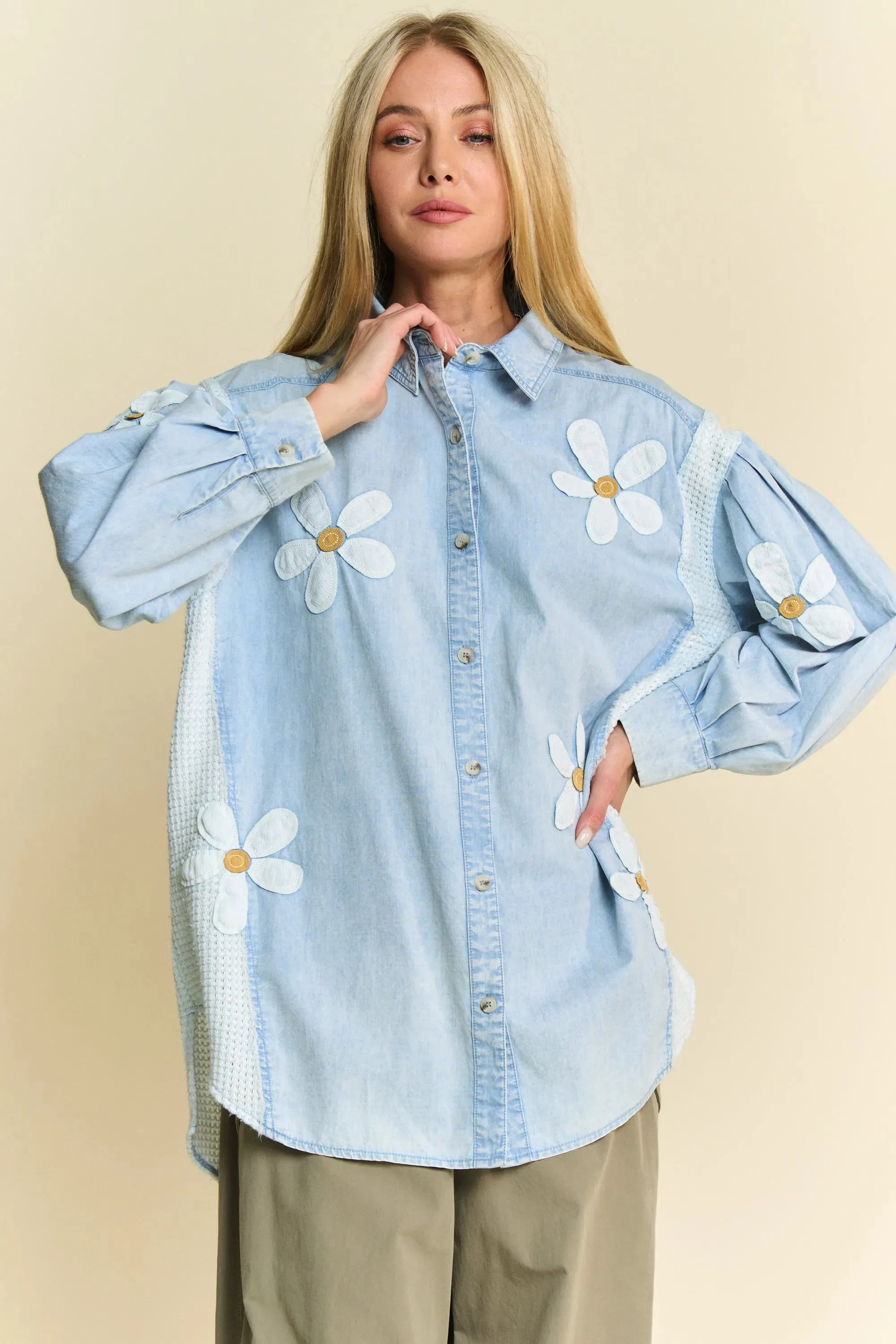 Davi & Dani Lightweight Washed Daisy Patch Waffle Knit Shirt sold by Charming Charlie product image thumbnail 3