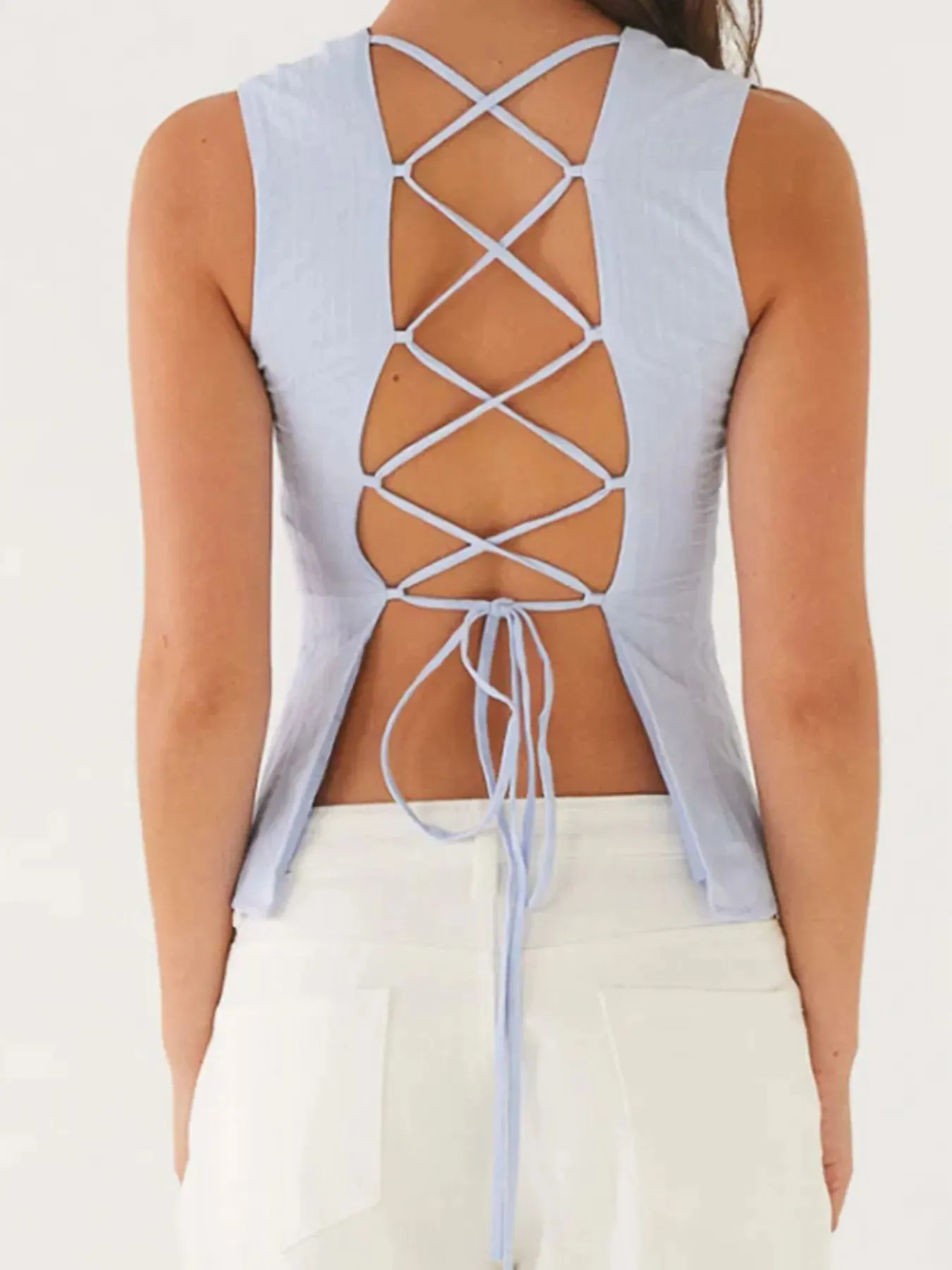 Back Lace Up Sleeveless Top with Cinched Waist Design sold by Charming Charlie product image thumbnail 3