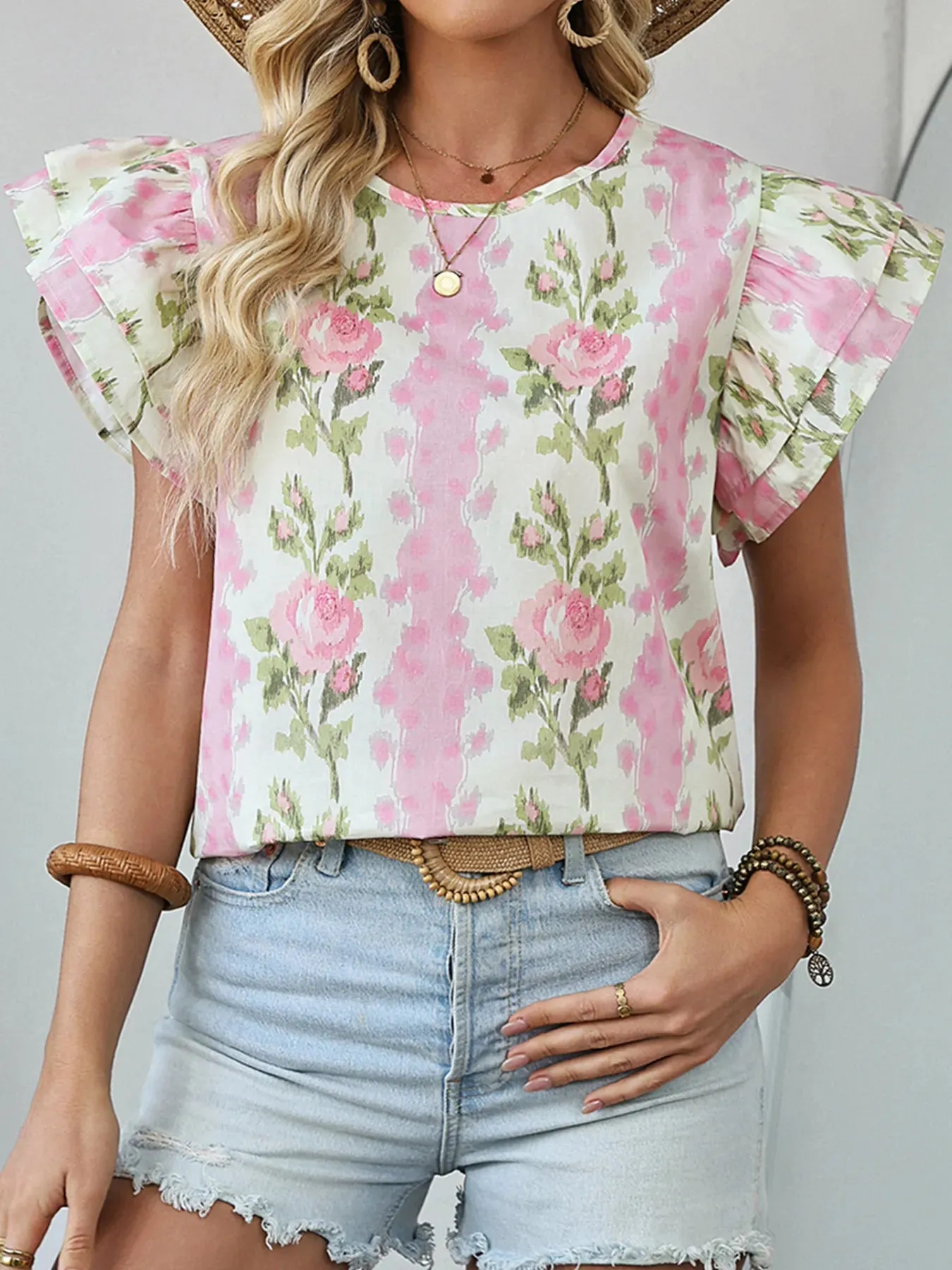 Floral Print Ruffled Sleeve Blouse sold by Charming Charlie