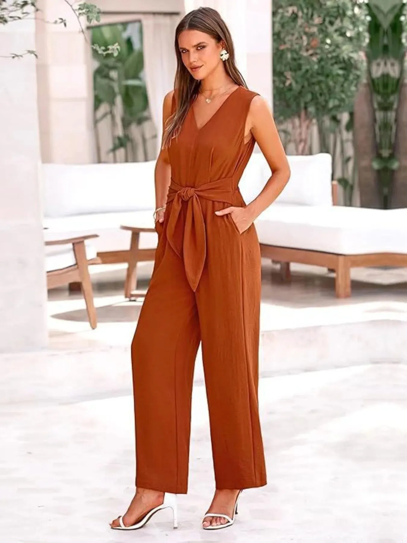 V-Neck Sleeveless Wide-Leg Jumpsuit with Waist Tie sold by Charming Charlie product image thumbnail 5