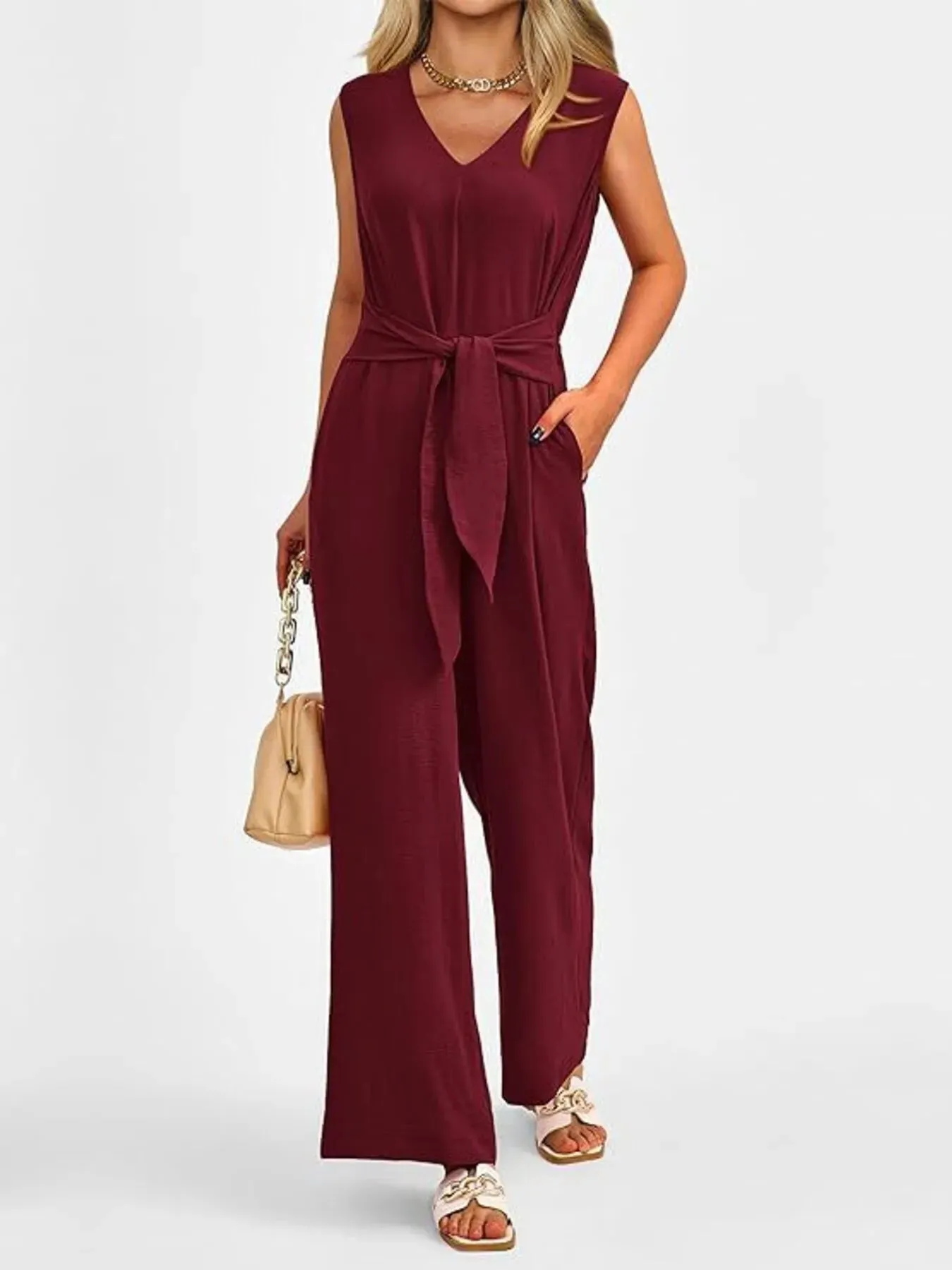 V-Neck Sleeveless Wide-Leg Jumpsuit with Waist Tie sold by Charming Charlie product image thumbnail 2