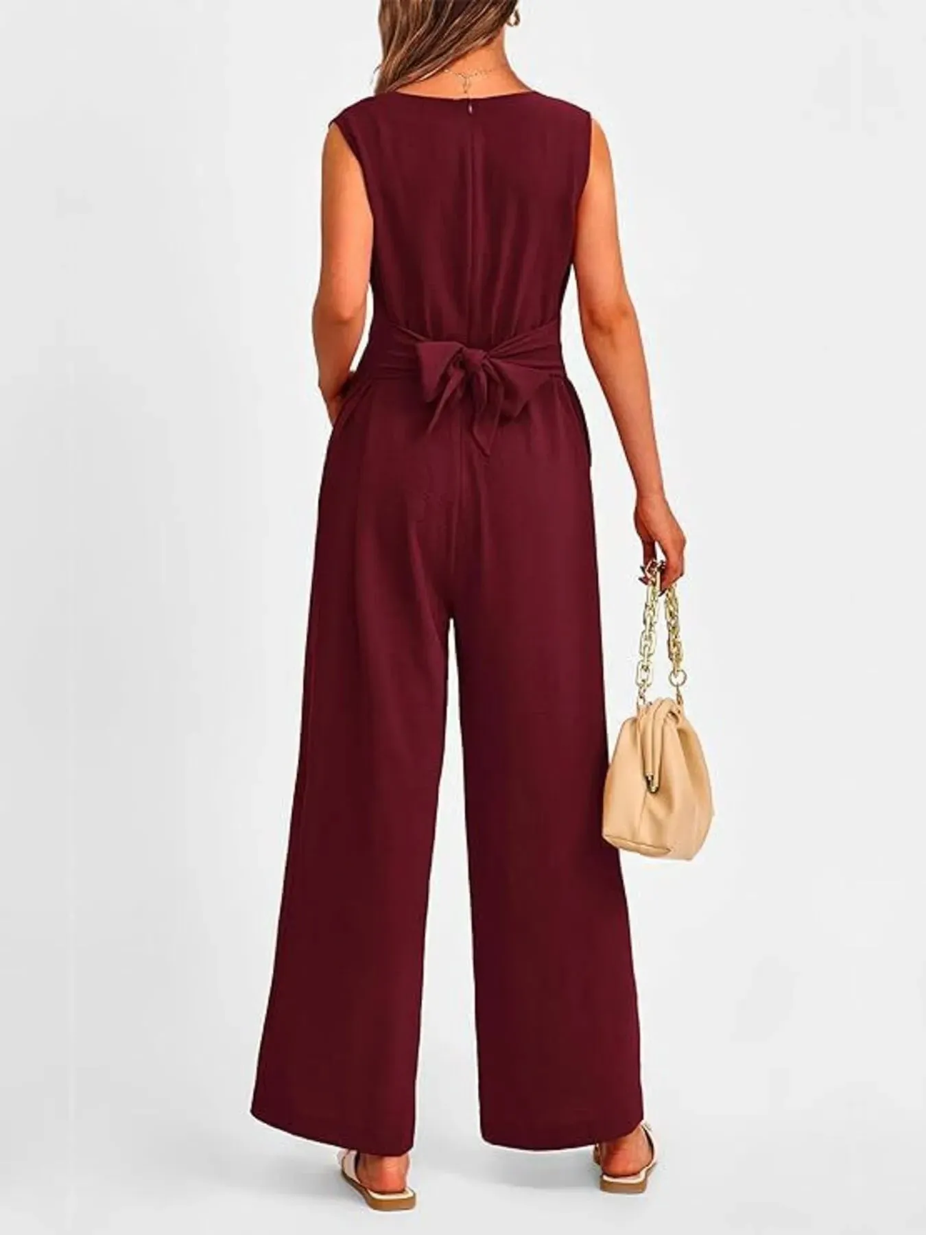 V-Neck Sleeveless Wide-Leg Jumpsuit with Waist Tie sold by Charming Charlie product image thumbnail 4