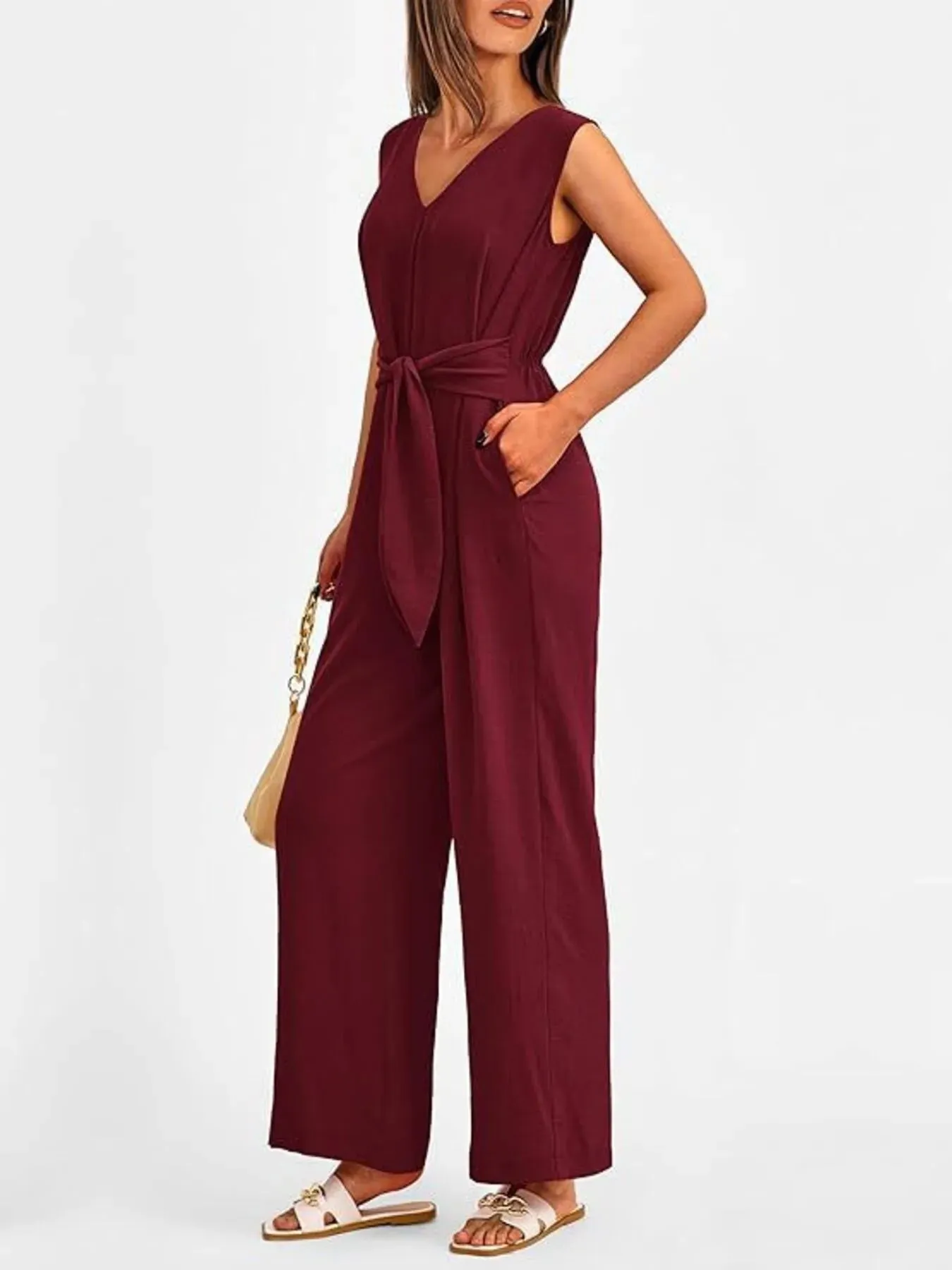 V-Neck Sleeveless Wide-Leg Jumpsuit with Waist Tie sold by Charming Charlie product image thumbnail 3