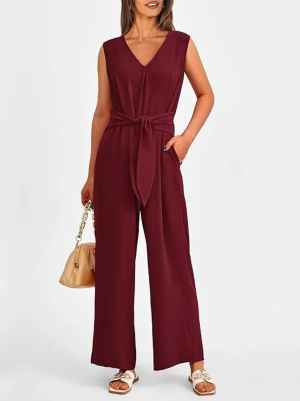 V-Neck Sleeveless Wide-Leg Jumpsuit with Waist Tie sold by Charming Charlie