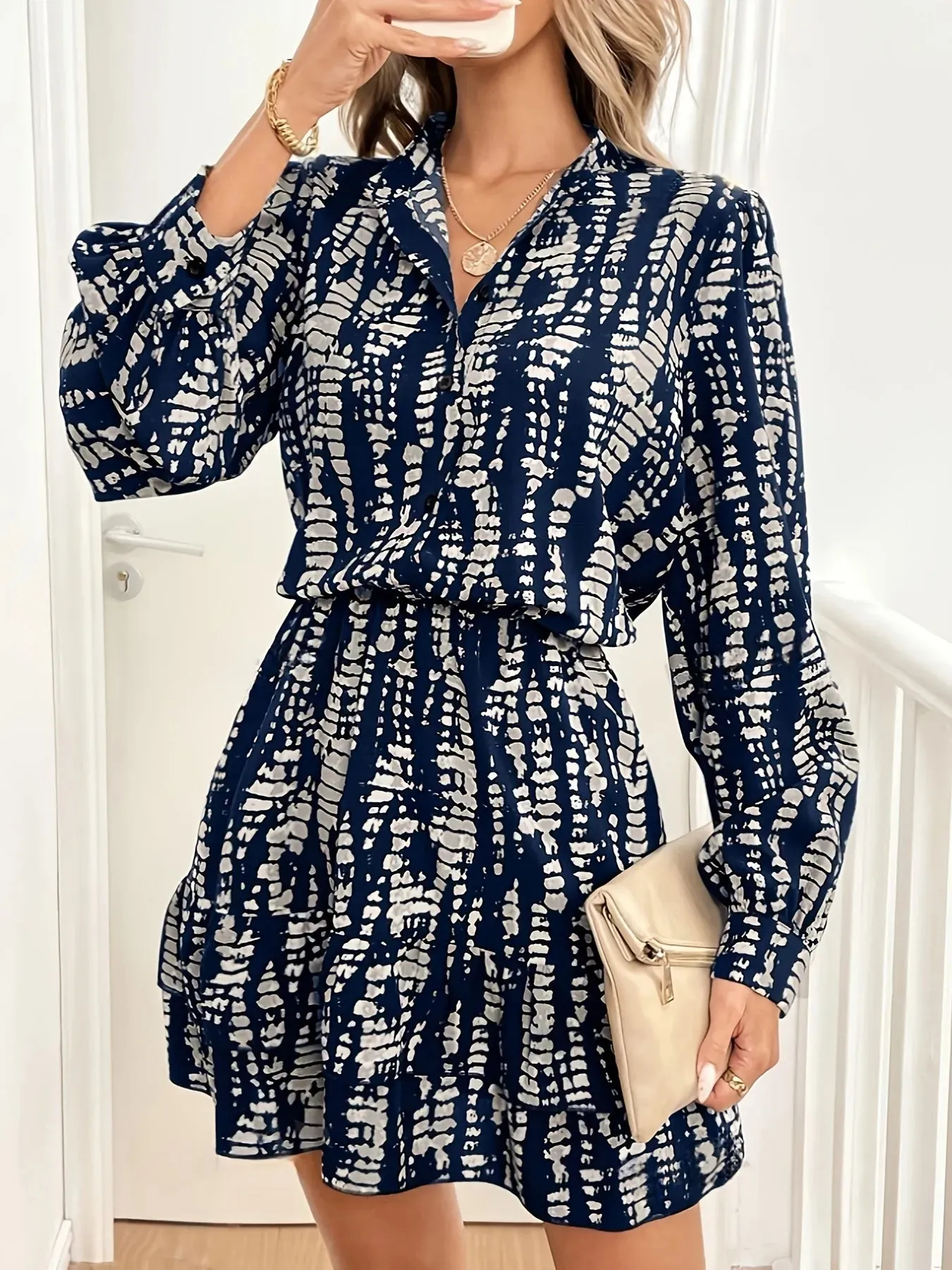 Printed Long Sleeve Shirt Dress sold by Charming Charlie