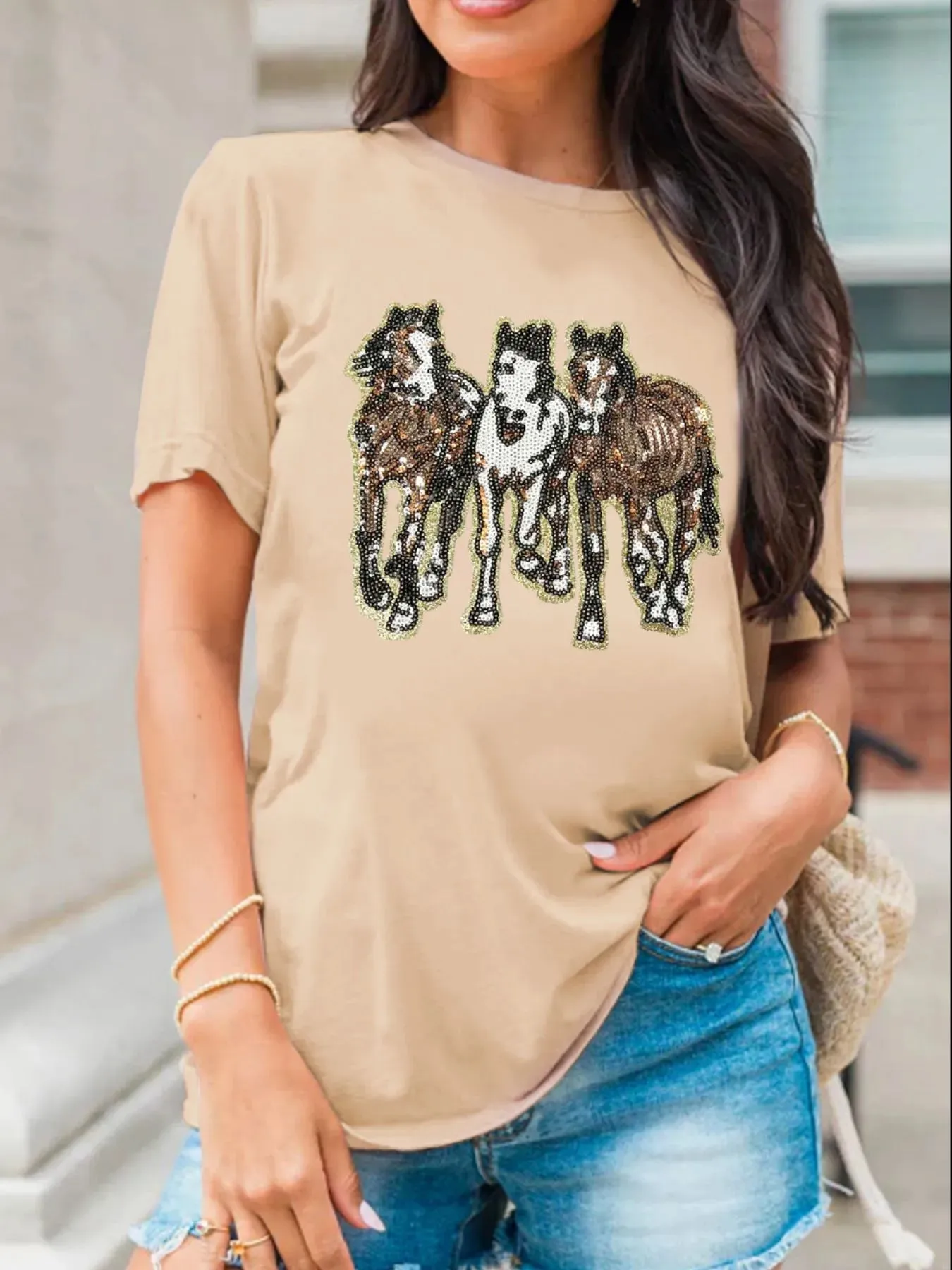 Sequin Horses Patched Casual Crewneck T Shirt sold by Charming Charlie