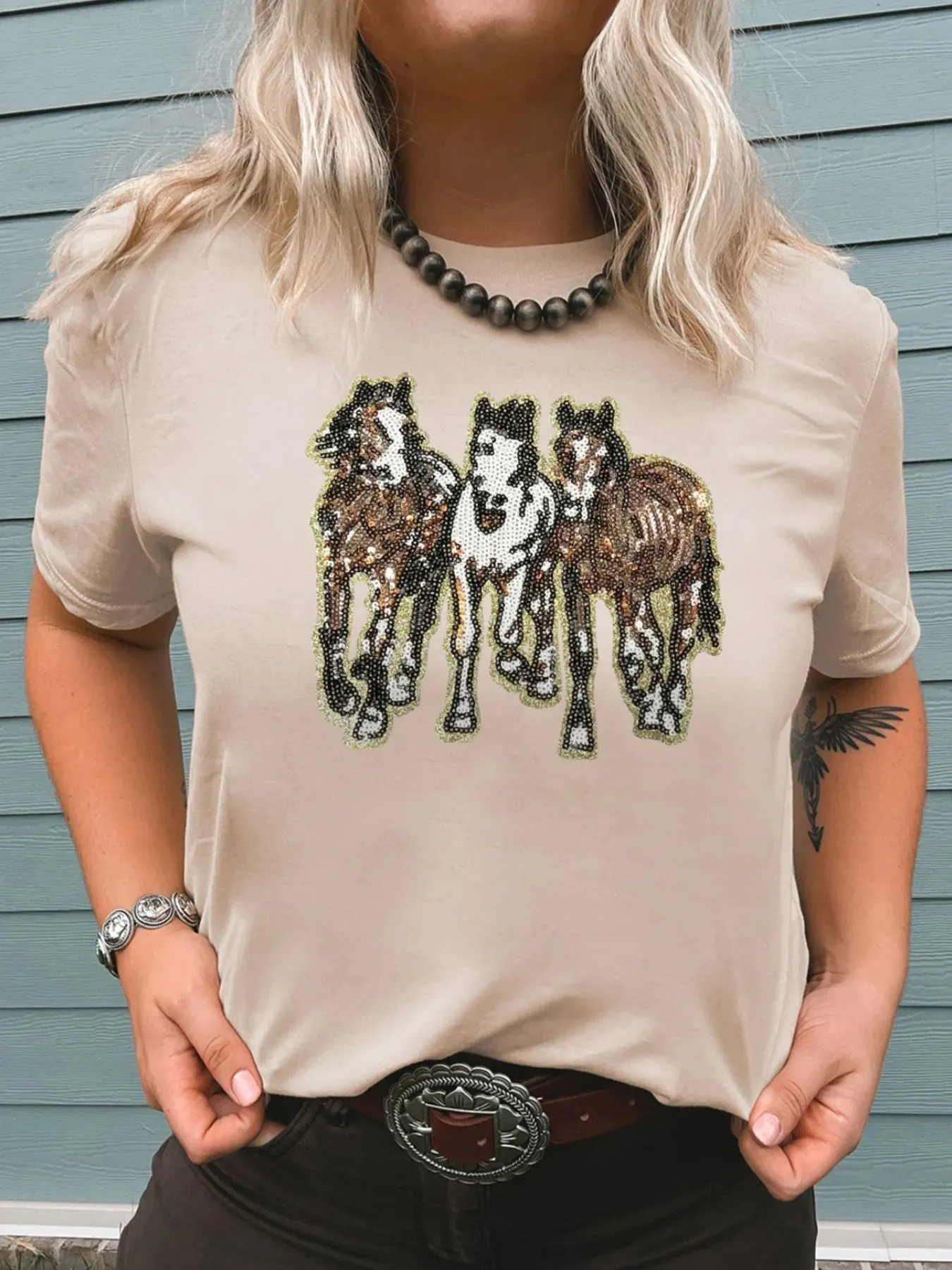 Sequin Horses Patched Casual Crewneck T Shirt sold by Charming Charlie product image thumbnail 3
