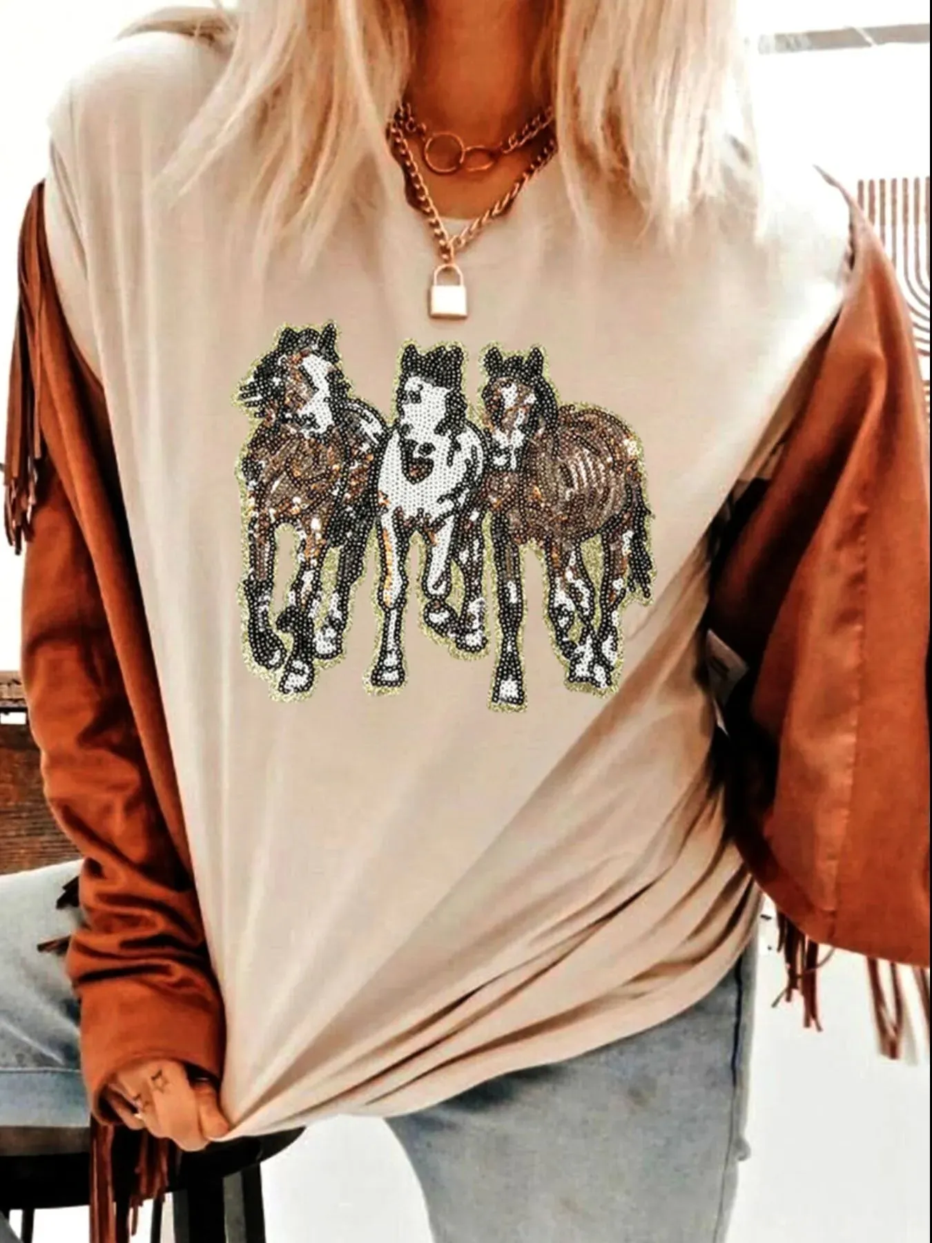 Sequin Horses Patched Casual Crewneck T Shirt sold by Charming Charlie product image thumbnail 2