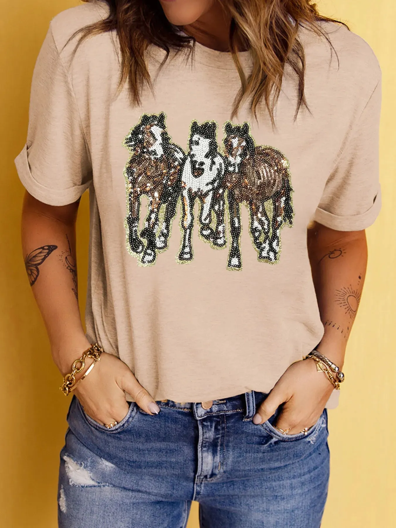 Sequin Horses Patched Casual Crewneck T Shirt sold by Charming Charlie product image thumbnail 4