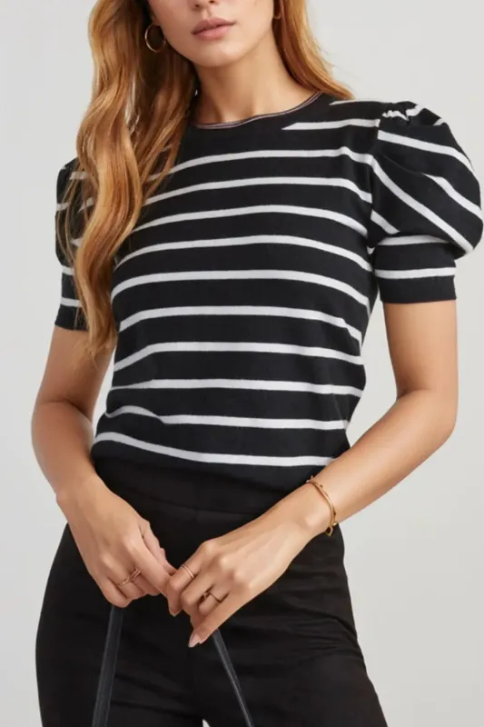 Stripe Ribbed Trim Round Neck Bubble Sleeve Knitted Top sold by Charming Charlie