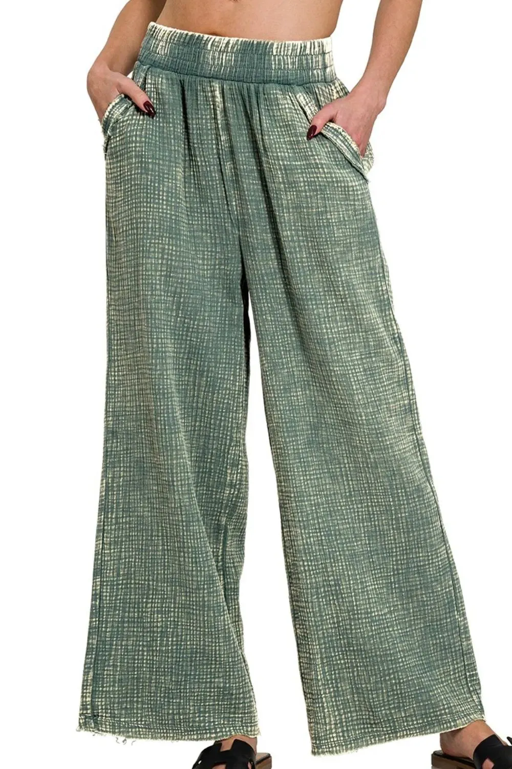 Zenana Washed Double Gauze Elastic Band Waist Pants sold by Charming Charlie