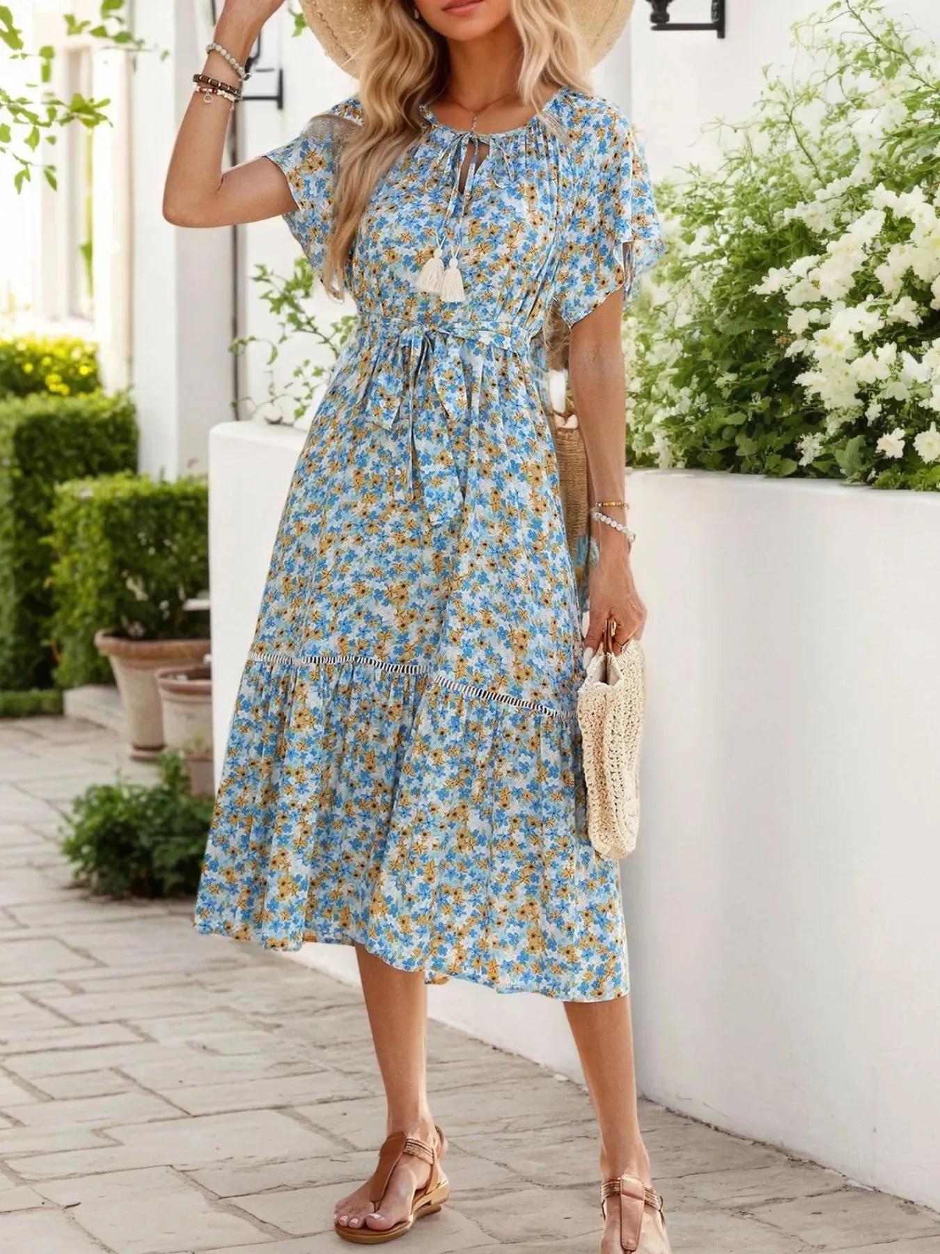 Floral Print Midi Dress with Tie Front sold by Charming Charlie