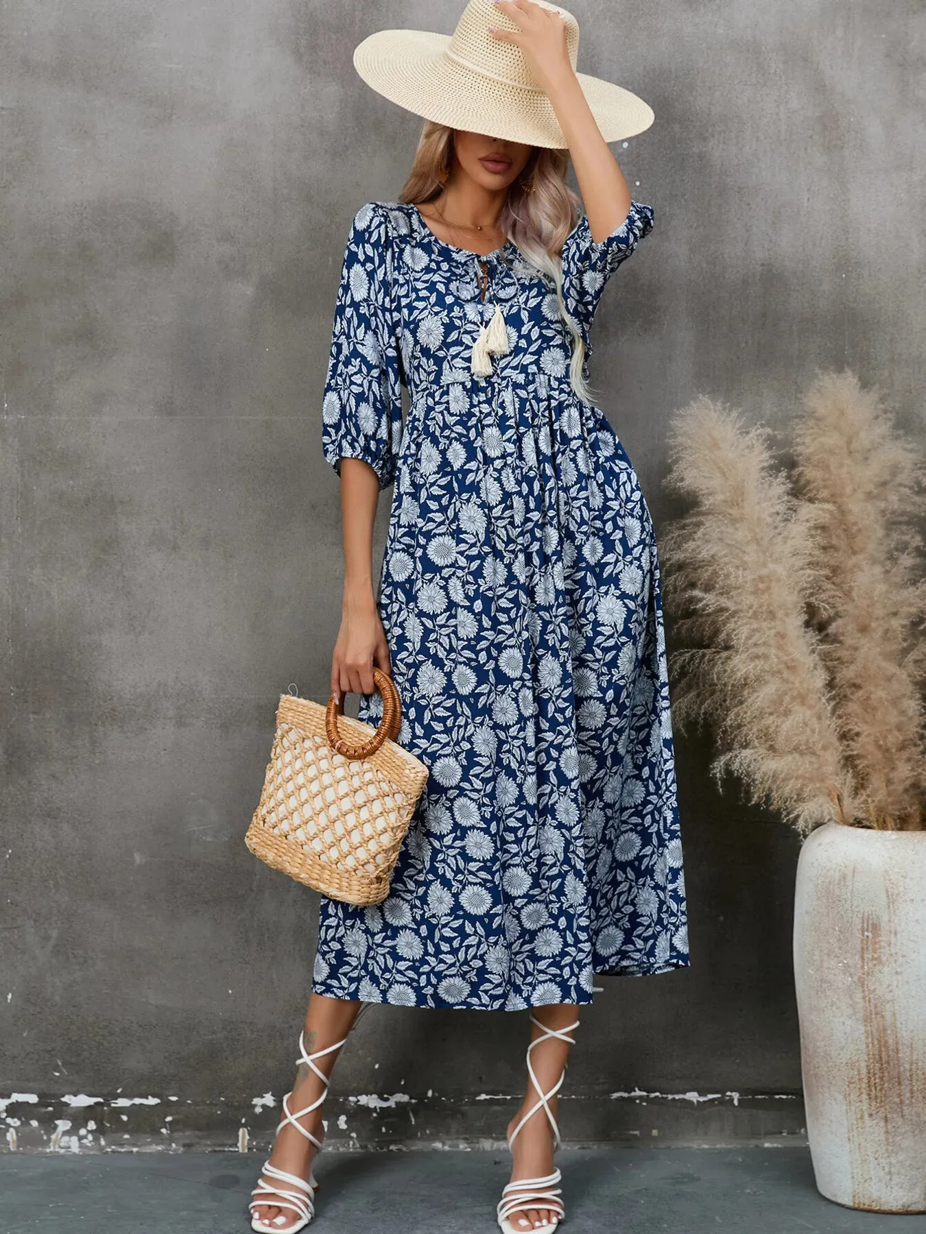 Printed Tie Neck Midi Dress sold by Charming Charlie
