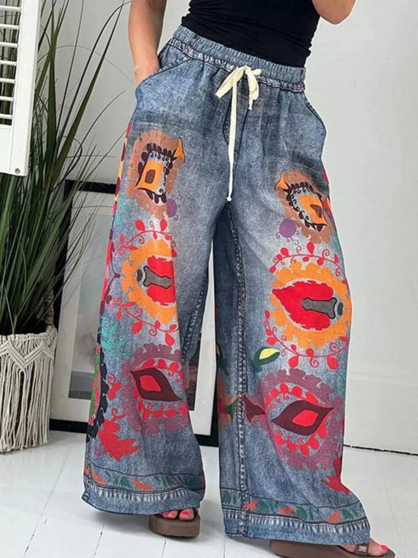 Printed Wide Leg Drawstring Pants sold by Charming Charlie