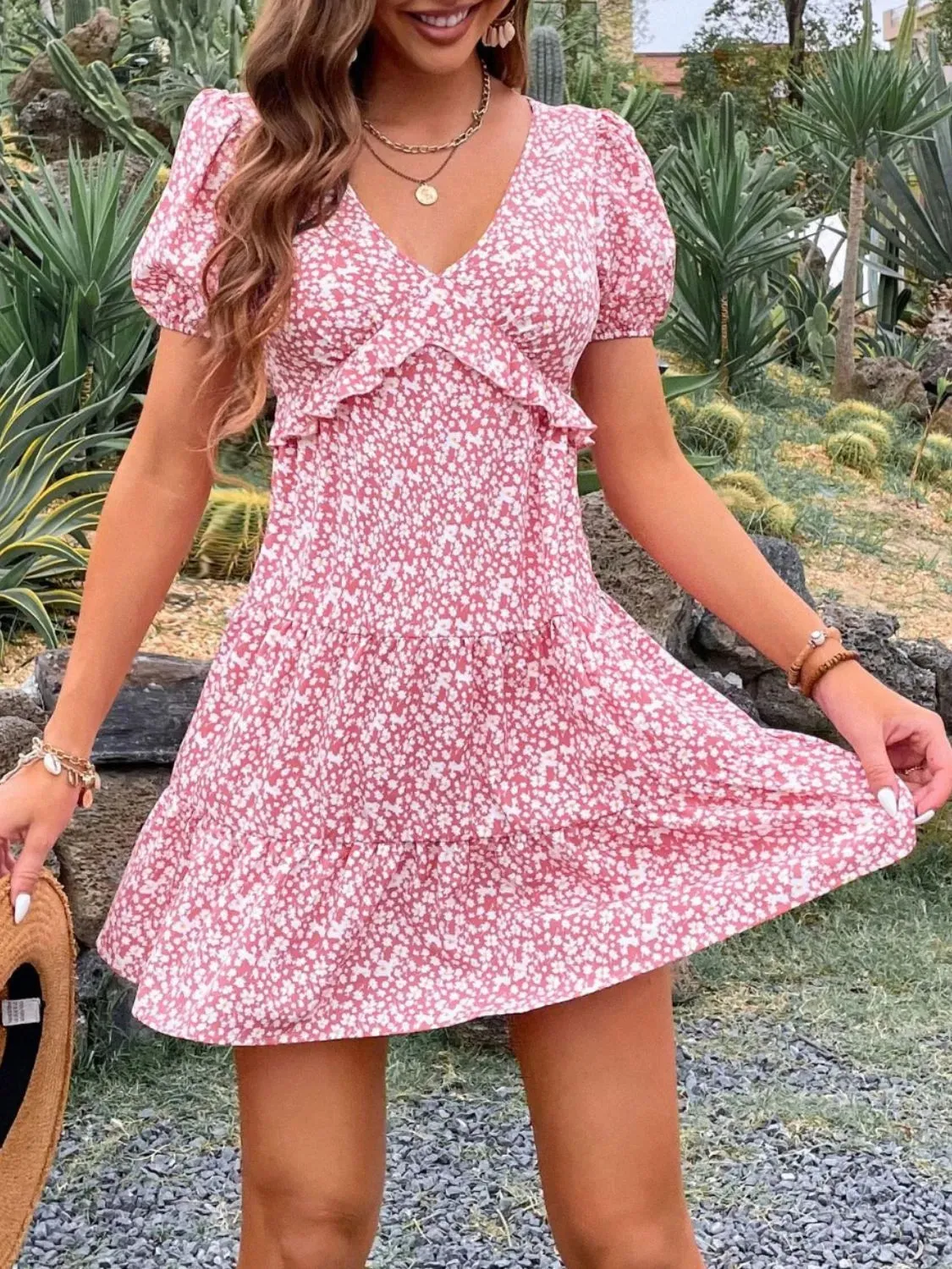 Floral Print Wrap Mini Dress with Puff Sleeves sold by Charming Charlie product image thumbnail 5