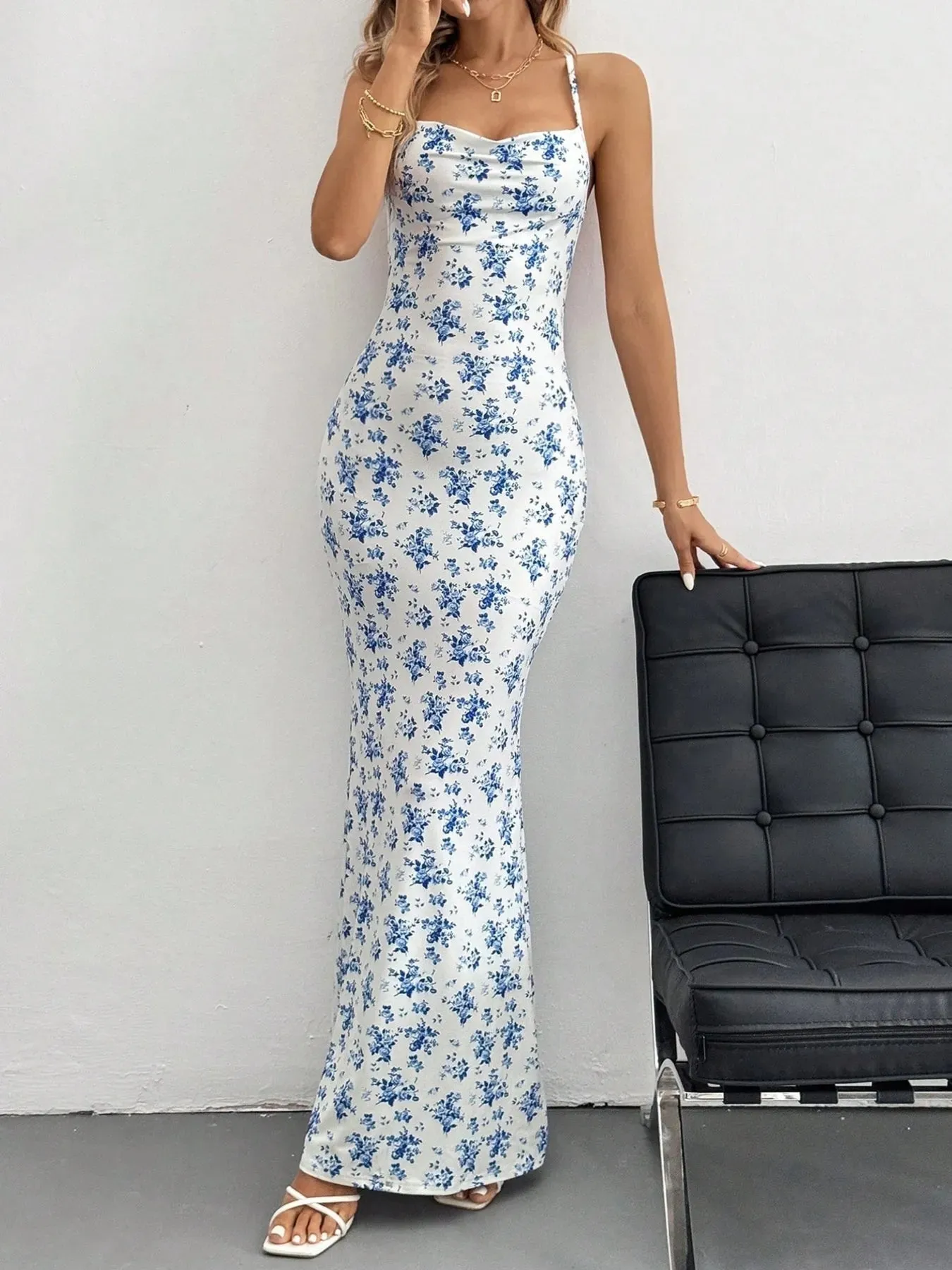 Crisscross Back Floral Print Bodycon Maxi Dress sold by Charming Charlie product image thumbnail 3