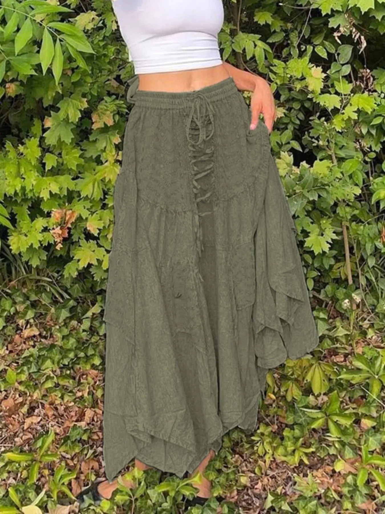Asymmetrical Hem Midi Skirt with Drawstring Waist sold by Charming Charlie product image thumbnail 4