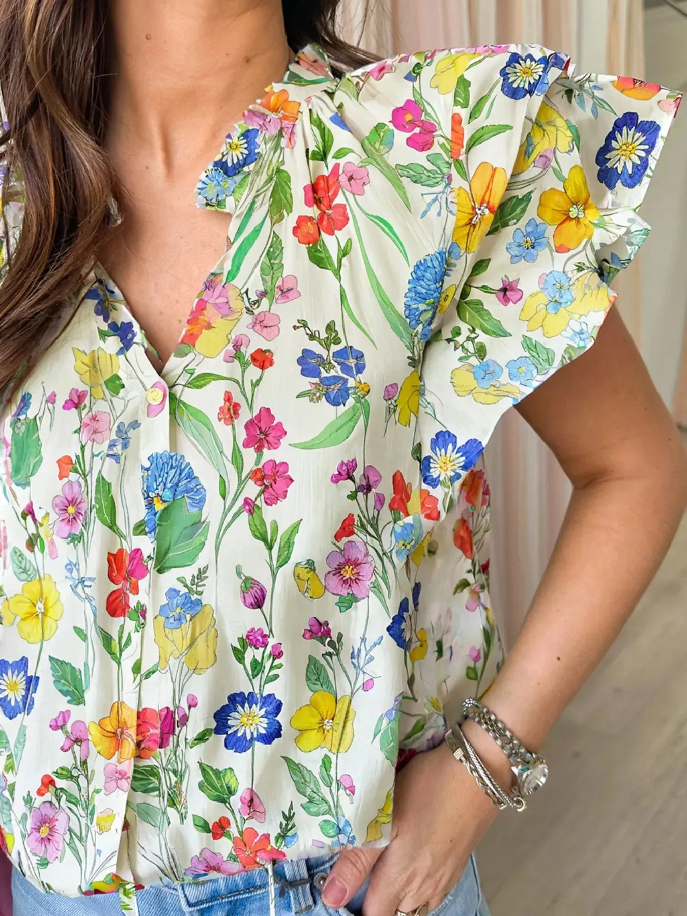 Floral Print Ruffle Layered Short Sleeve Blouse sold by Charming Charlie product image thumbnail 2