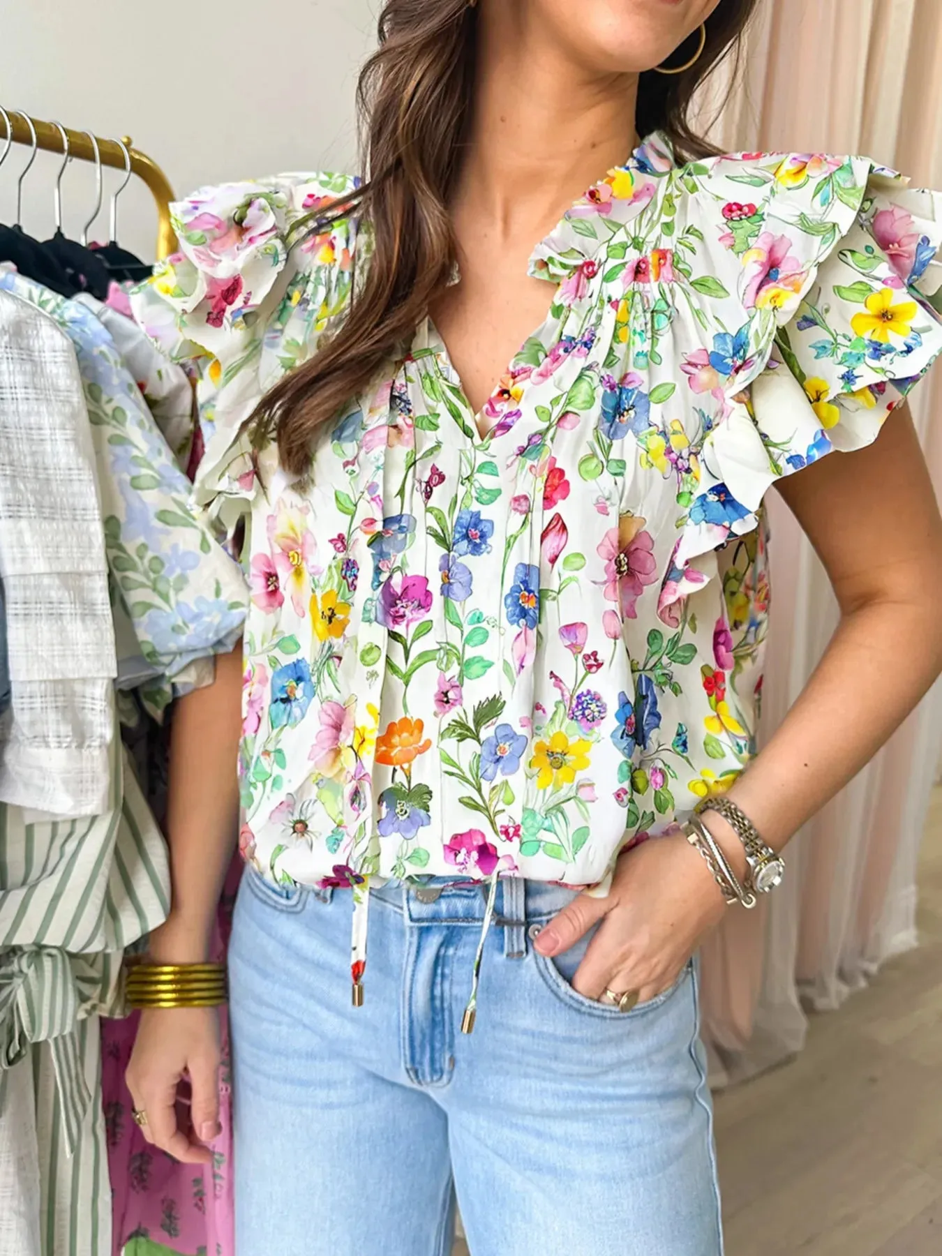 Floral Print Ruffle Layered Short Sleeve Blouse sold by Charming Charlie